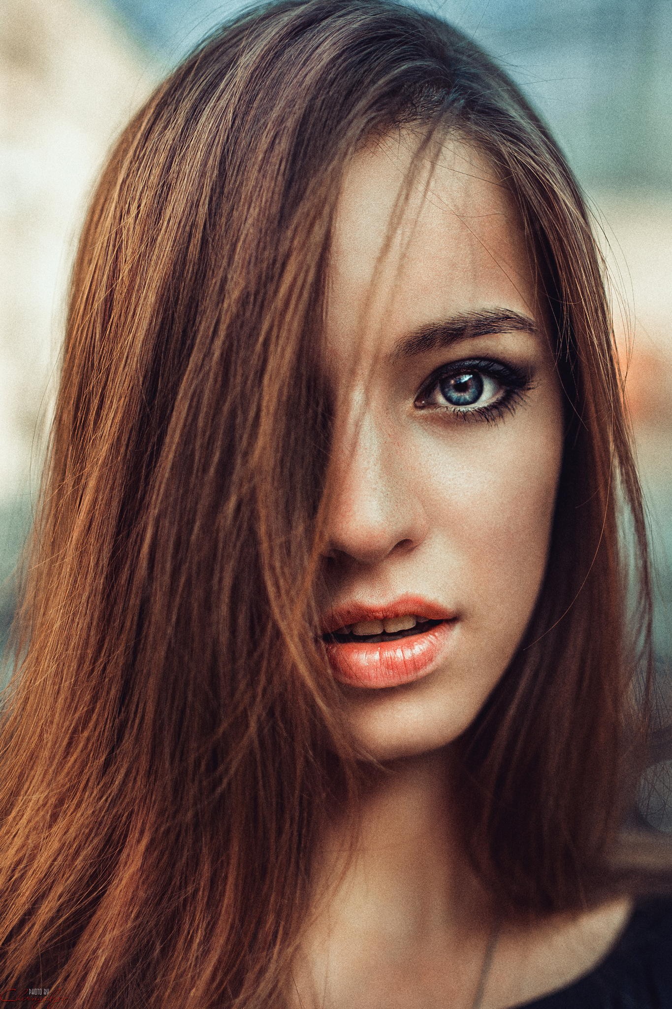 Women Face Portrait Display Brunette Blue Eyes Looking At Viewer Hair