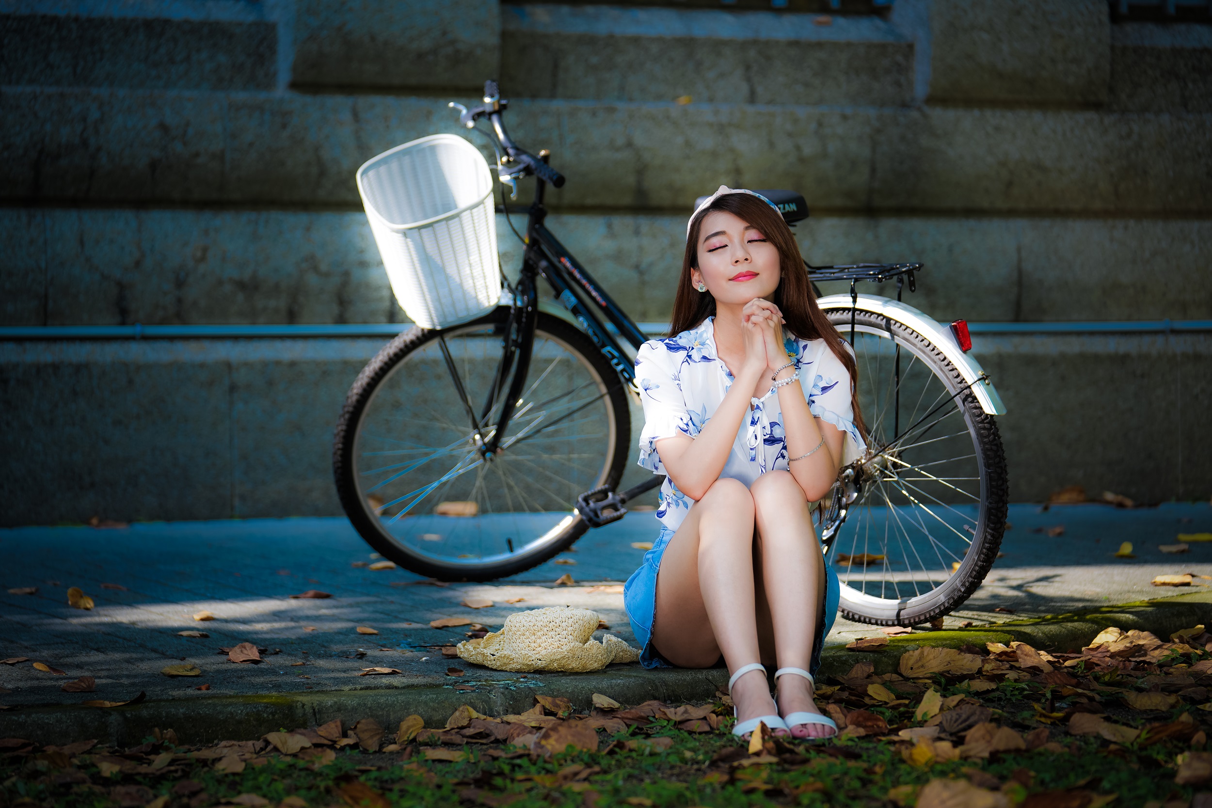 Asian Women Brunette Closed Eyes Head Band Bicycle Women With Bicycles Shirt Sandals Leaves Sitting  2500x1667