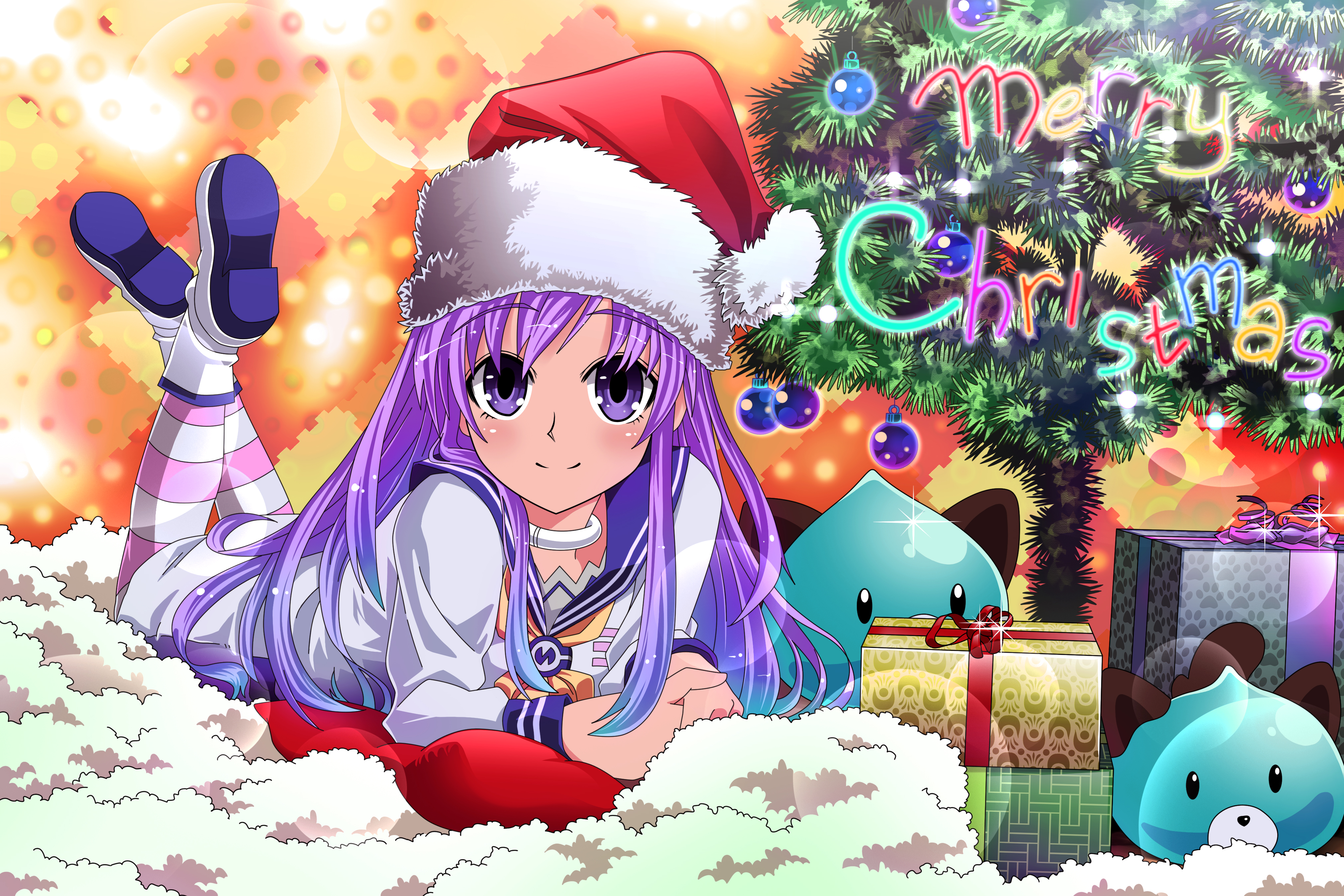Hyperdimension Neptunia Nepgear Hyperdimension Neptunia Christmas Anime Girls Santa Hats Purple Eyes 4044x2696