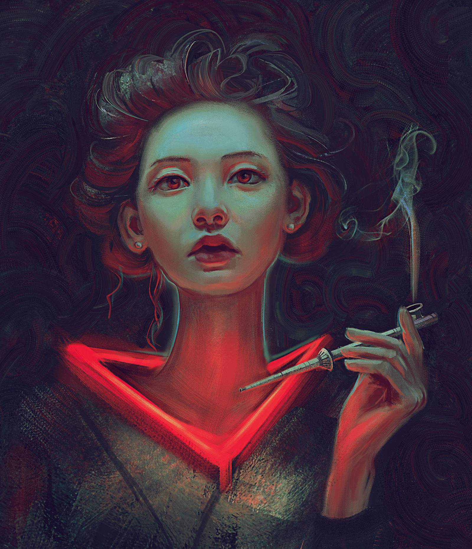 Mandy Jurgens Women Artwork Illustration Painting Digital Art 2D Pipe Smoke Earring Portrait Display 1600x1860