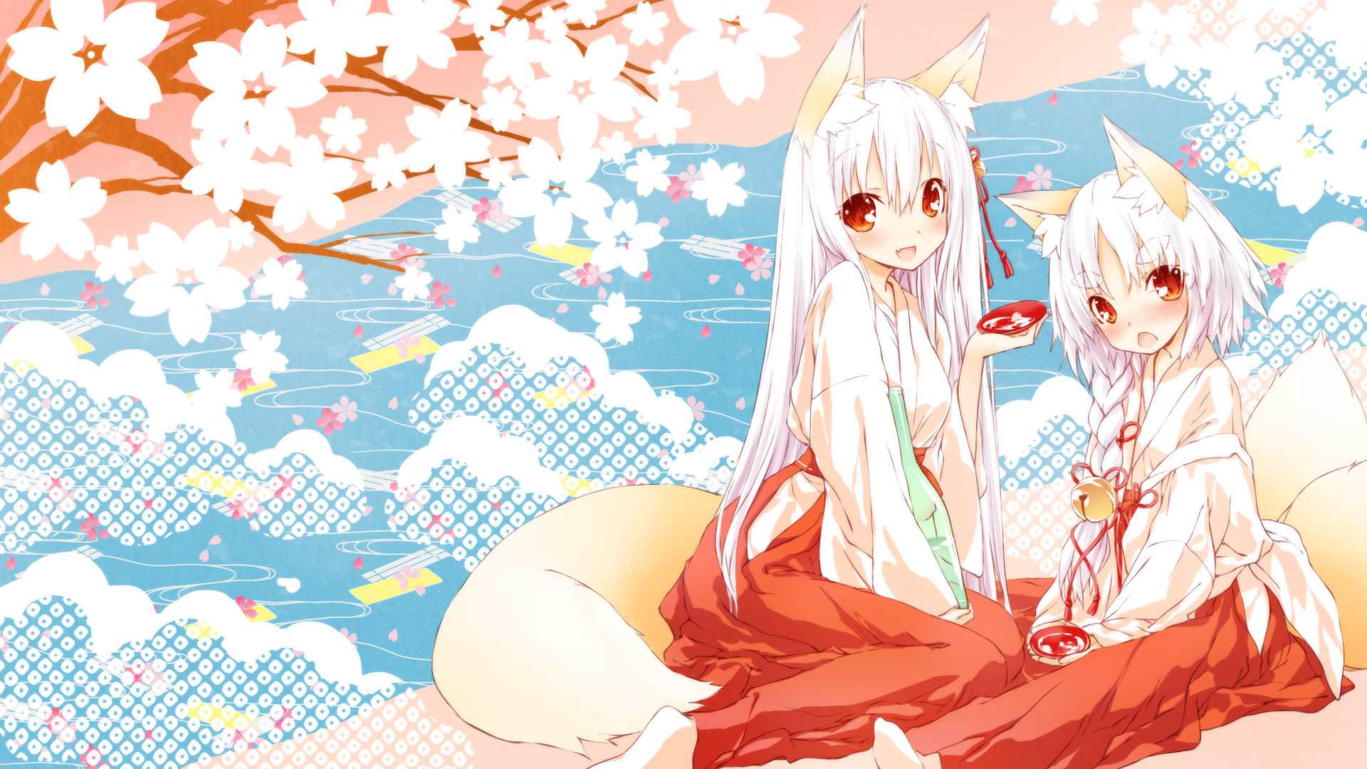 Fox Girl Animal Ears Shrine Maidens Miko Tail Original Characters Red Eyes White Hair Kitsunemimi An 1920x1080