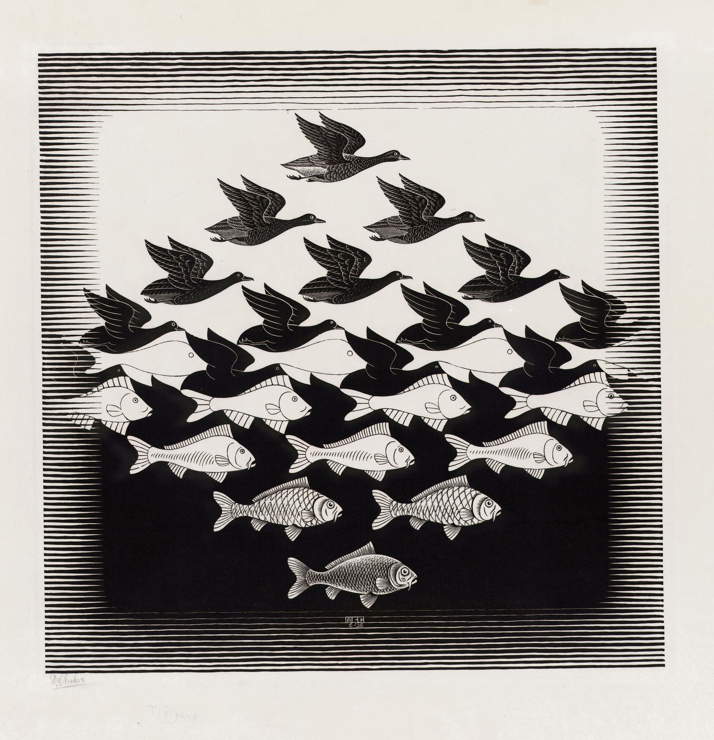 Artwork Optical Illusion Drawing M C Escher Monochrome Animals Birds Fish Illustration Signatures 2465x2553