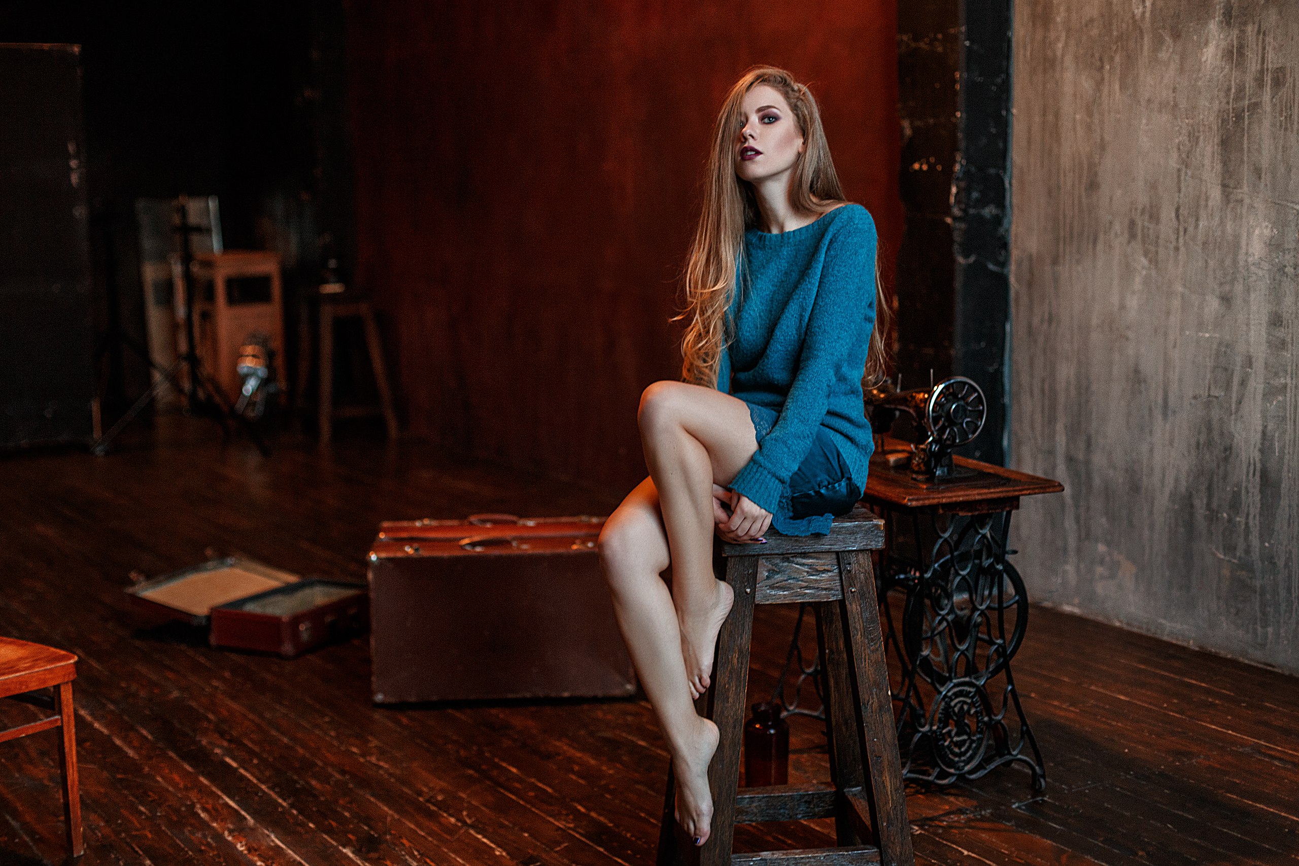 Vlad Popov Women Model Brunette Portrait Sitting Sewing Machine Sweater Barefoot Looking At Viewer I 2560x1707