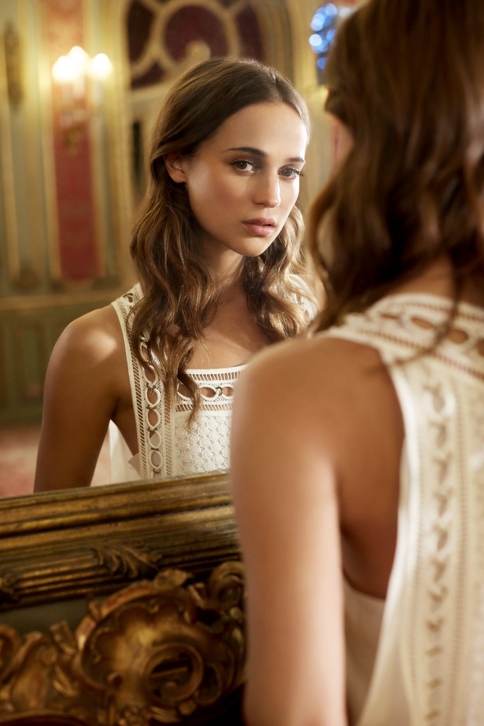 Alicia Vikander Women Actress Brunette Long Hair Swedish Women Indoors Mirror Reflection White Dress 960x1440