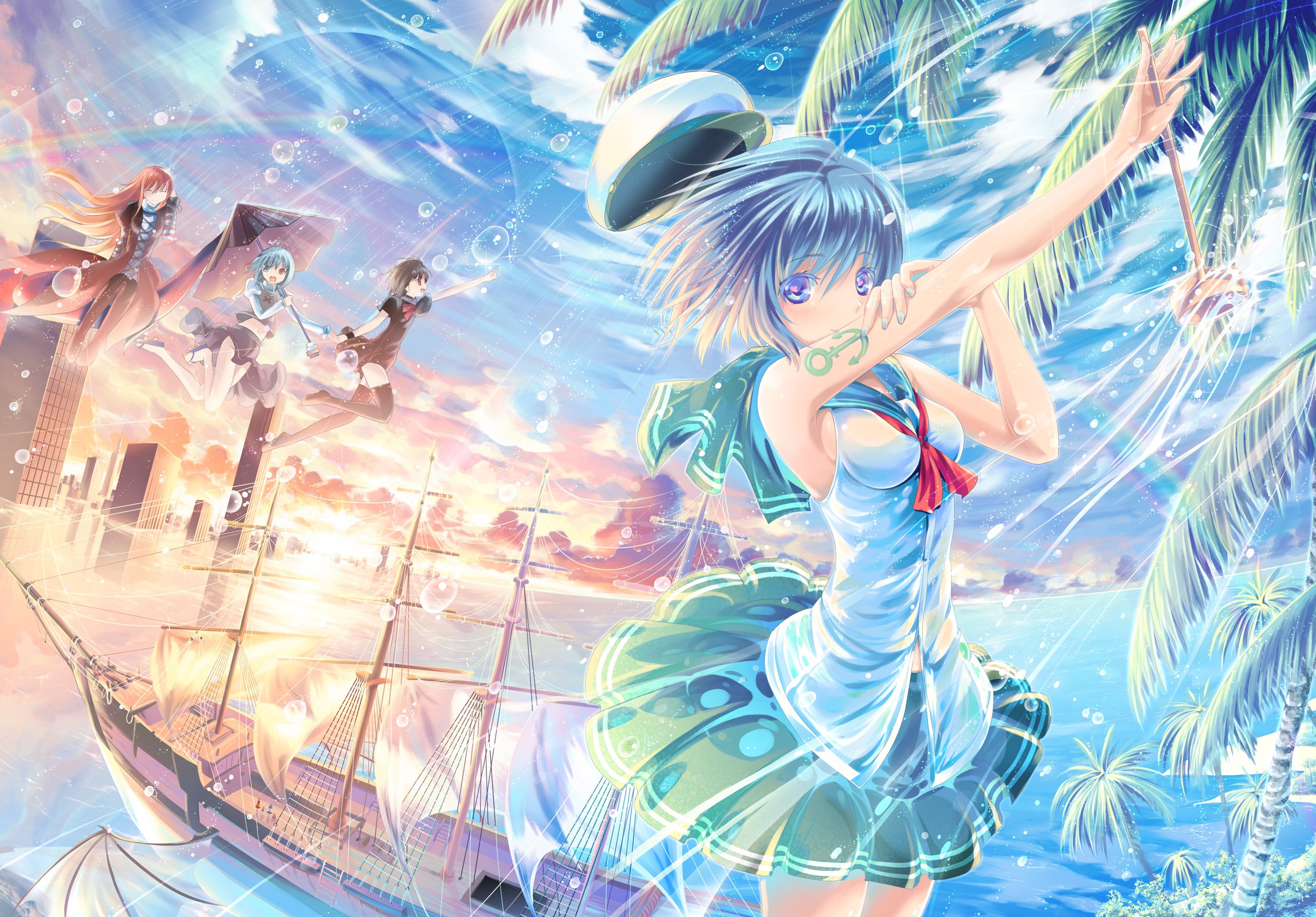 Artwork Anime Girls Ship Flood Sailors 2560x1784