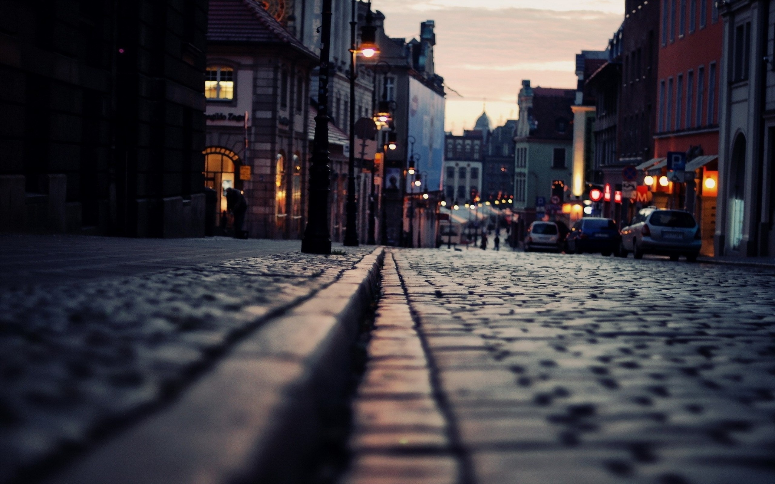 City Street Evening Pavements Beige Poland Poznan 2560x1600