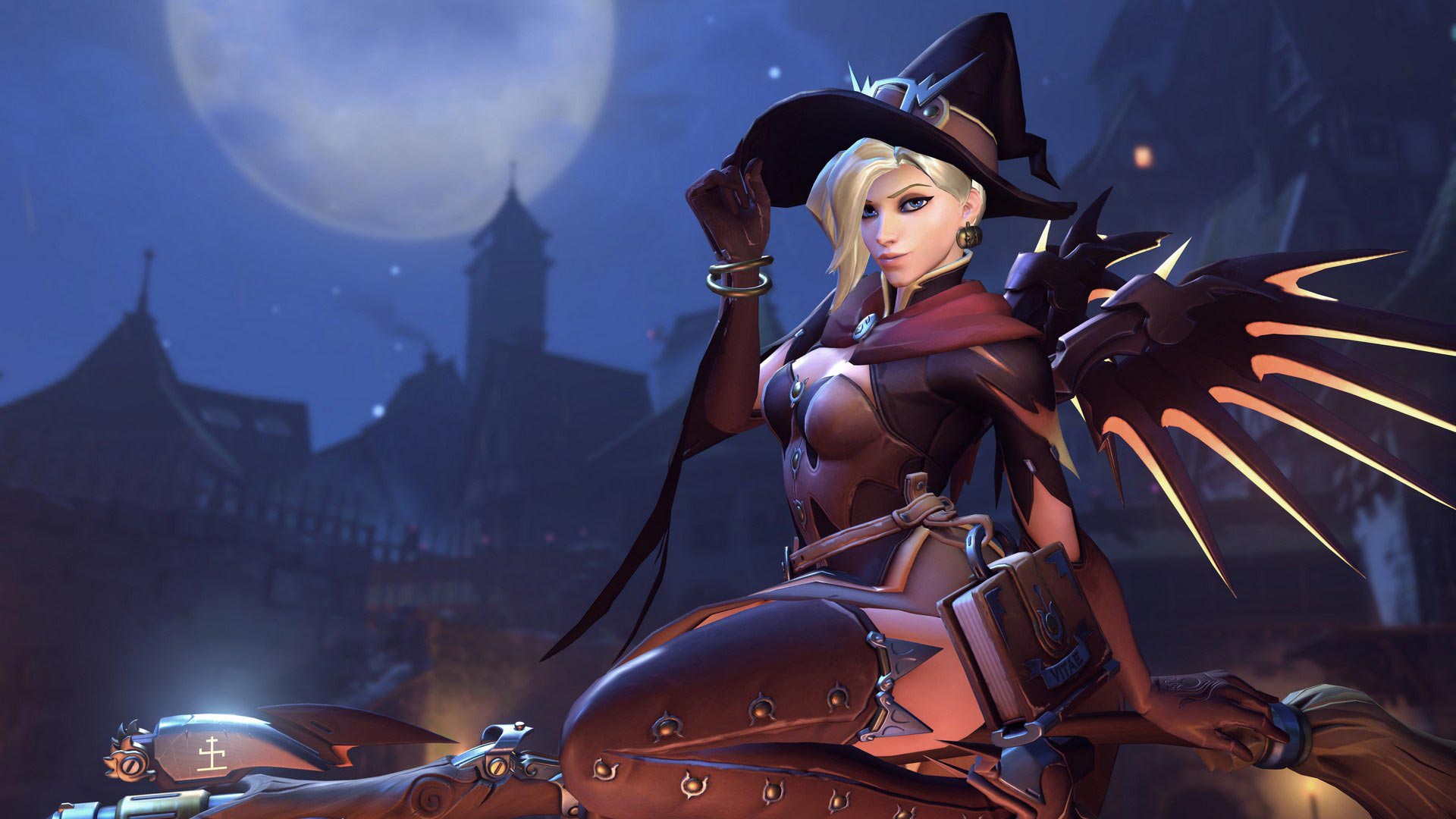 Mercy Overwatch Overwatch Wings Angel Wings Witch Mercy City Moon 1920x1080