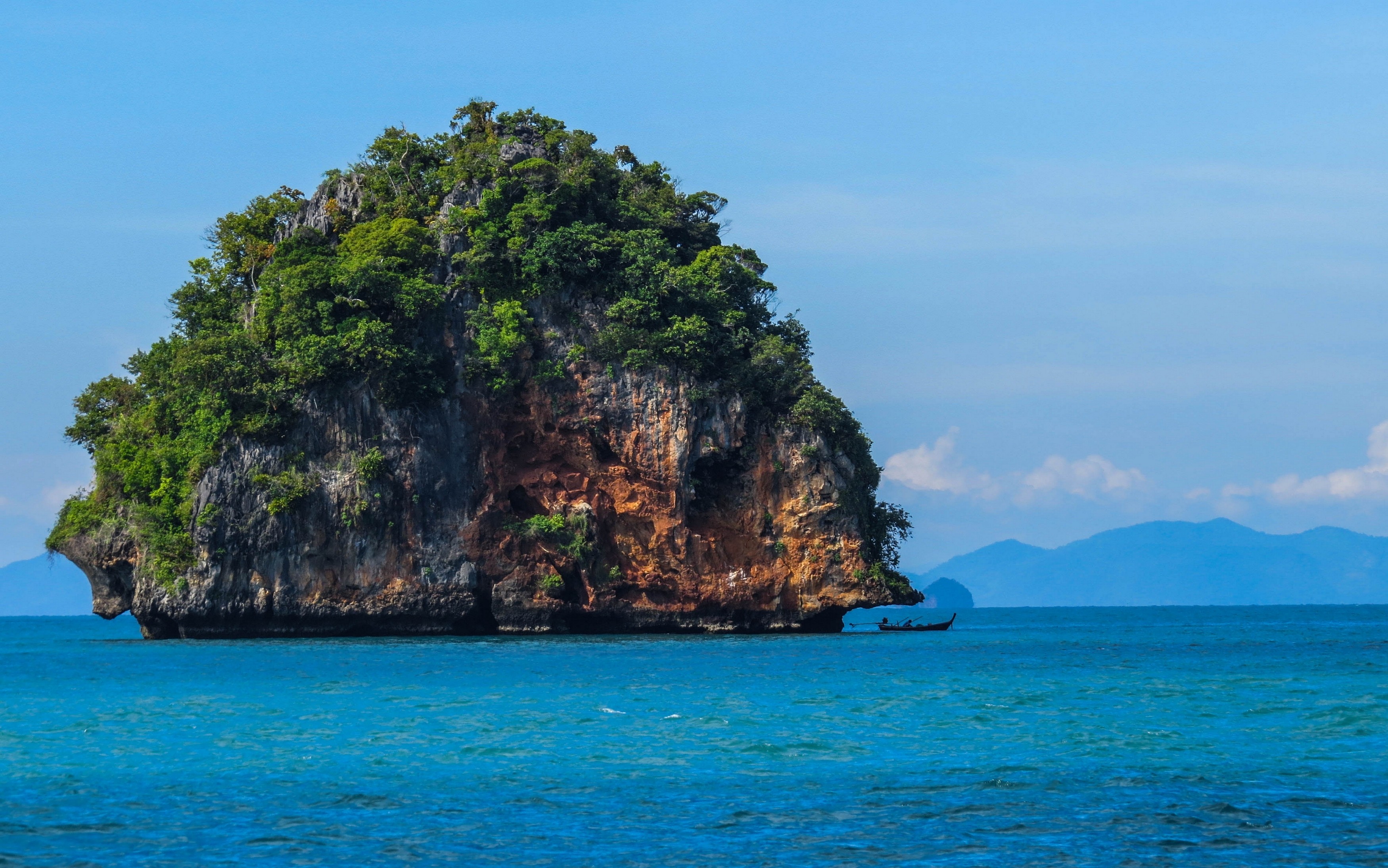Nature Landscape Sea Boat Rock Trees Limestone Thailand Tropical Island 3500x2188