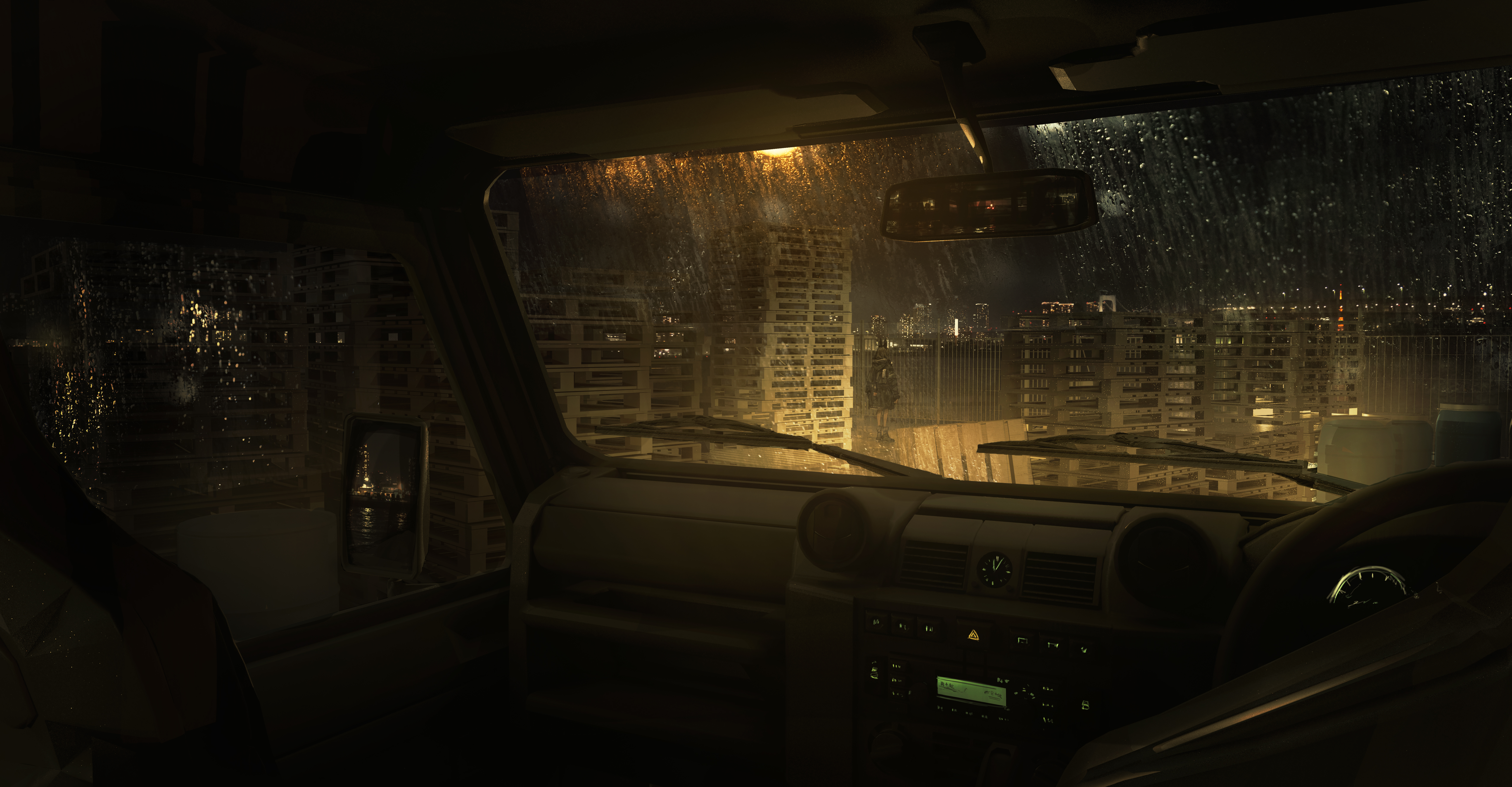 Car Inside A Car Rain Reflection City City Lights Standing LM7 7000x3646
