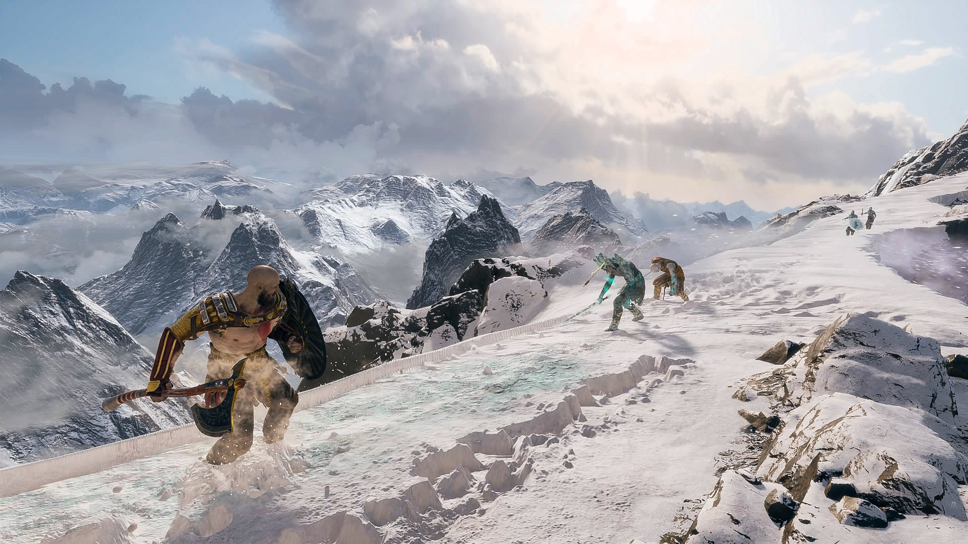 God Of War 2018 God Of War Video Games Screen Shot Mountains People Kratos Draugr Landscape Weapon F 1920x1080