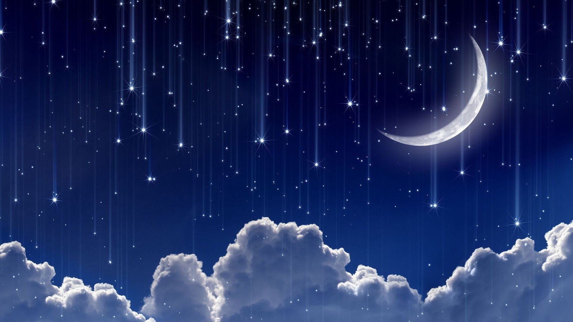 Digital Art Blue Background Clouds Stars Sky Moon Glowing Falling Lines 1920x1080