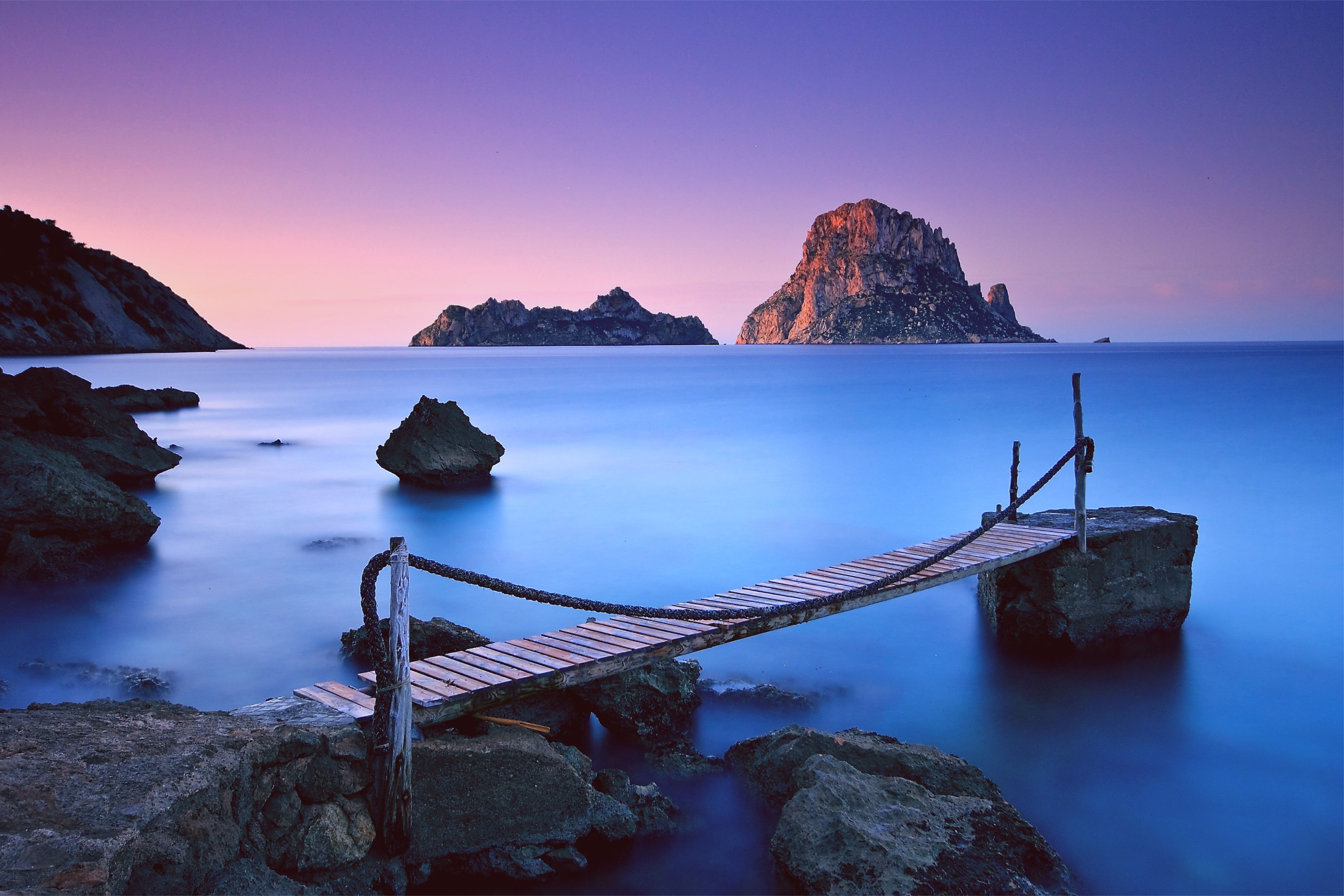 Sea Pier Ropes Horizon Rock Sky Pink Blue Island Ibiza 3820x2548