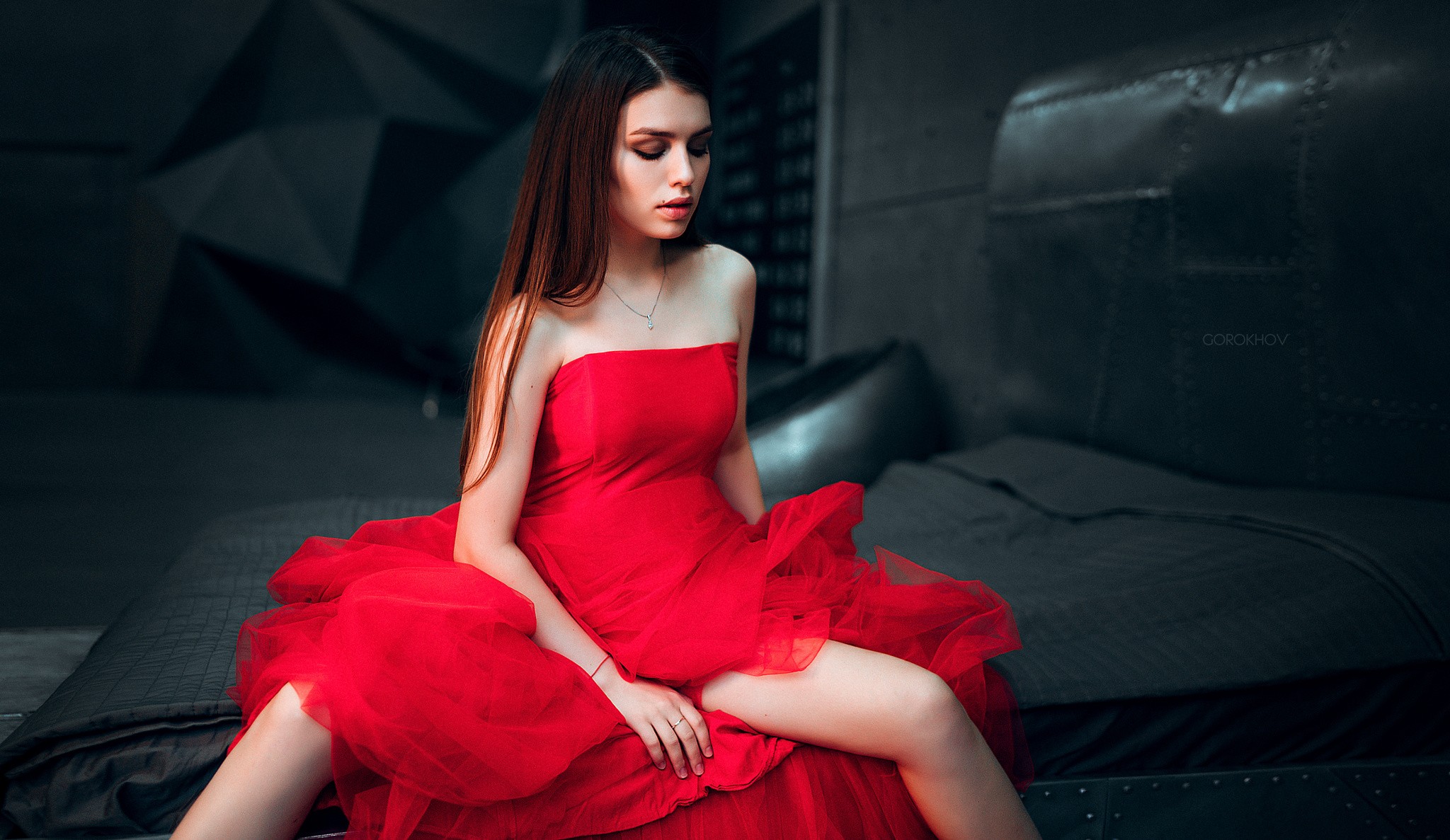 Women Ivan Gorokhov Model Long Hair Brunette Straight Hair Dress Red
