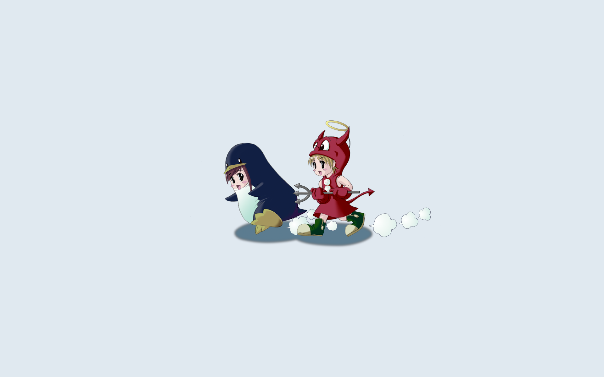 Freebsd Linux Mascot Anime Girls Running Simple Background Minimalism 1920x1200