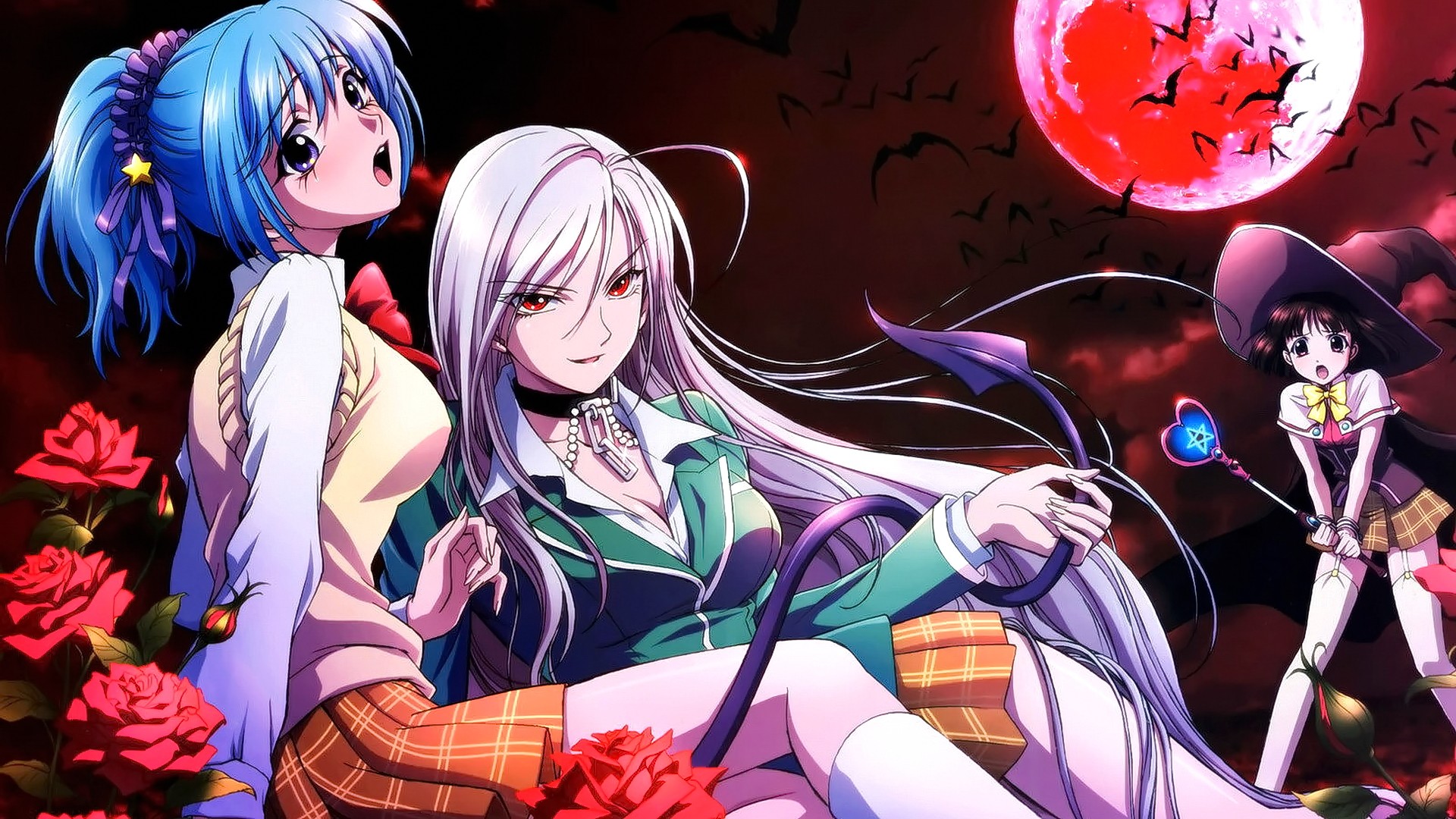 Anime Anime Girls Blue Hair Brunette Red Eyes Hat Looking Away Rosario Vampire Akashiya Moka Kurono  1920x1080