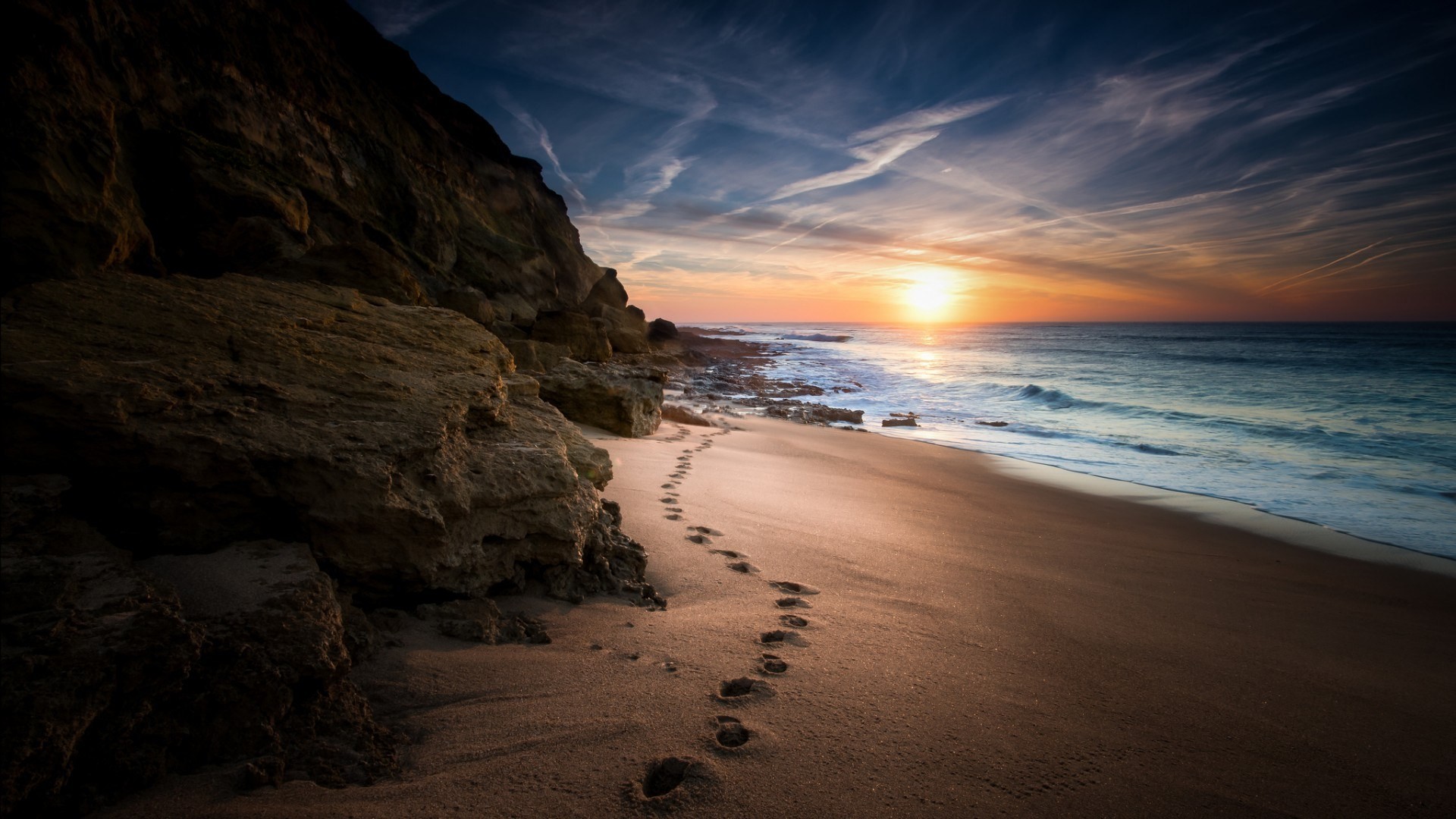 Nature Landscape Sea Coast Sand Footprints Rock Sun Clouds Cliff Horizon 1920x1080