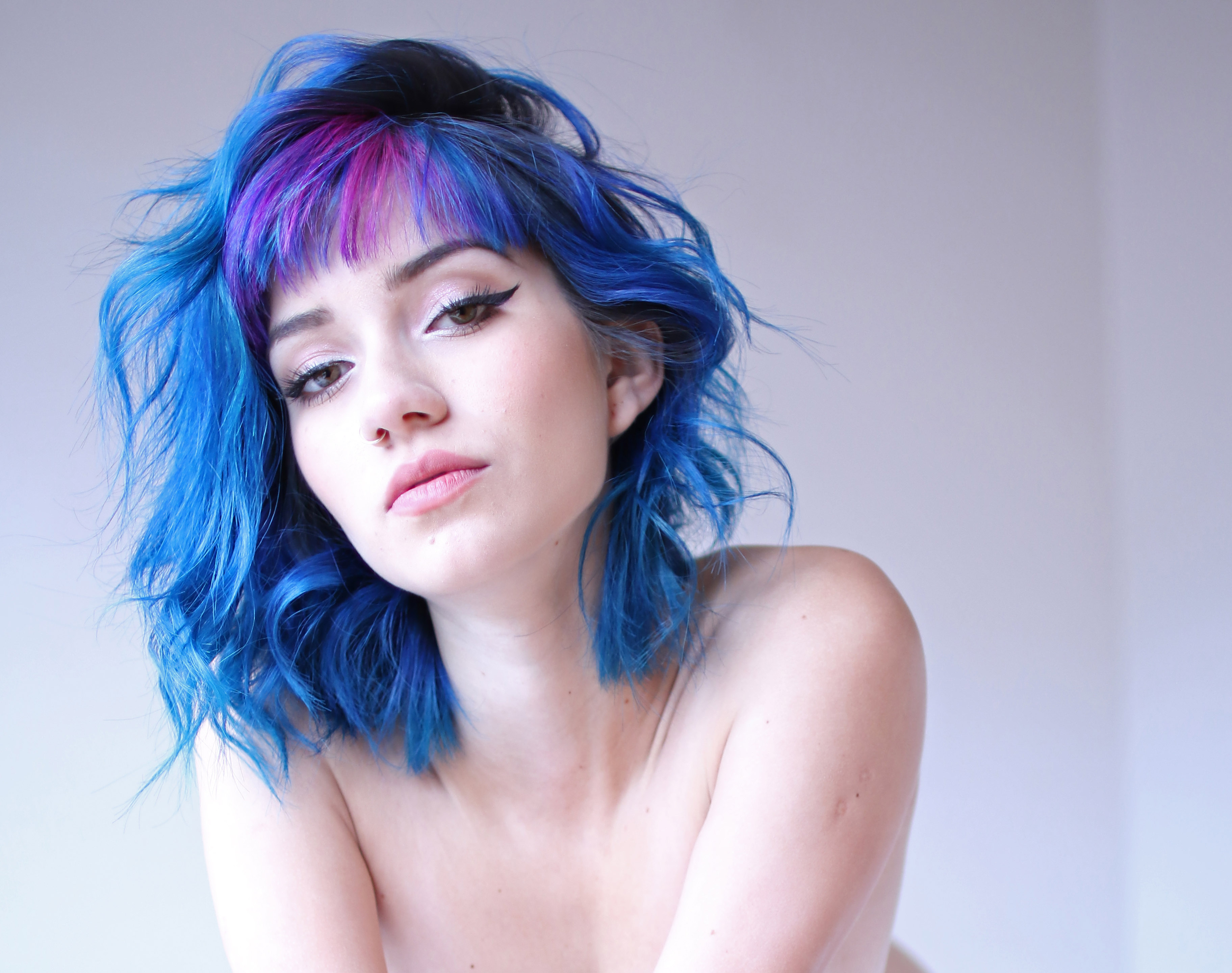 Model Blue Hair Nose Rings Pierced Nose Bare Shoulders Dyed Hair 3648x2881