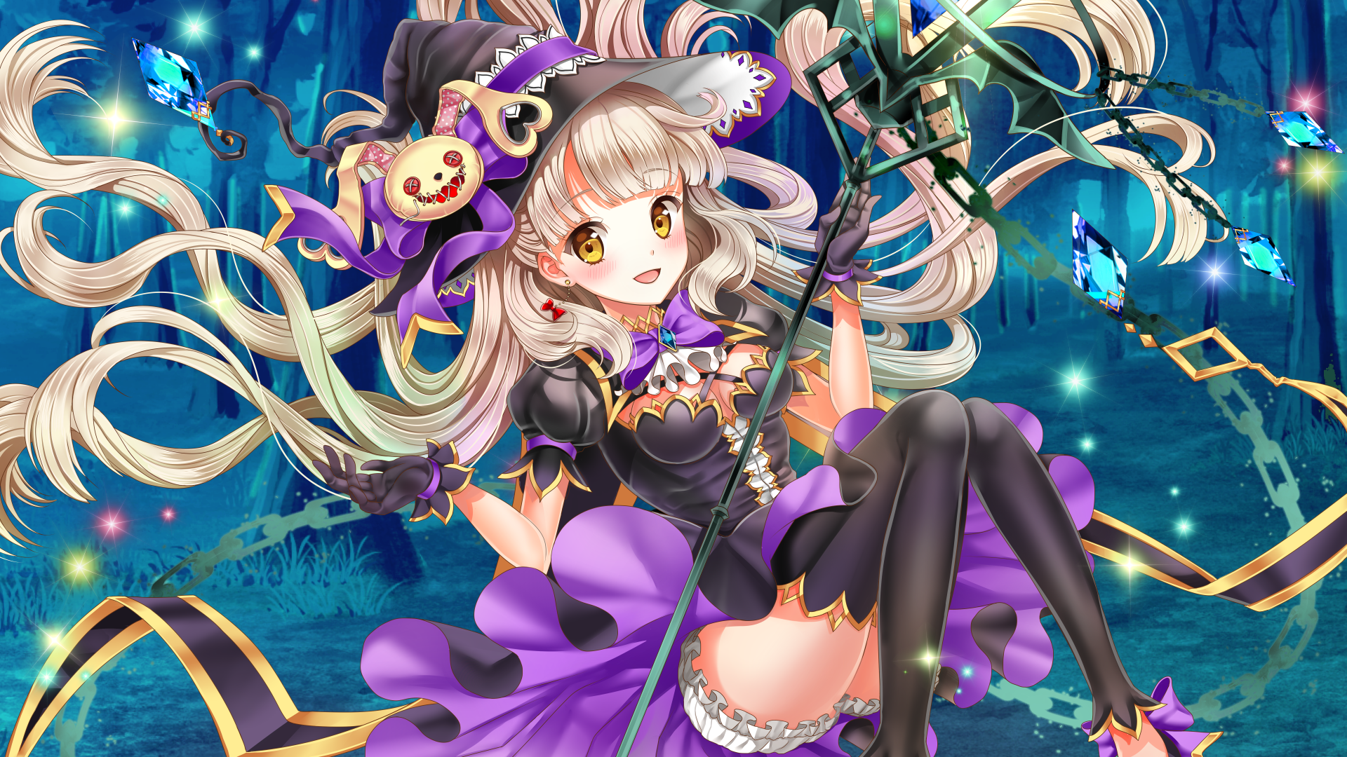 Mayu Vocaloid Vocaloid Anime Girl Long Hair Yellow Eyes Hat Witch Forest Blonde 1920x1080