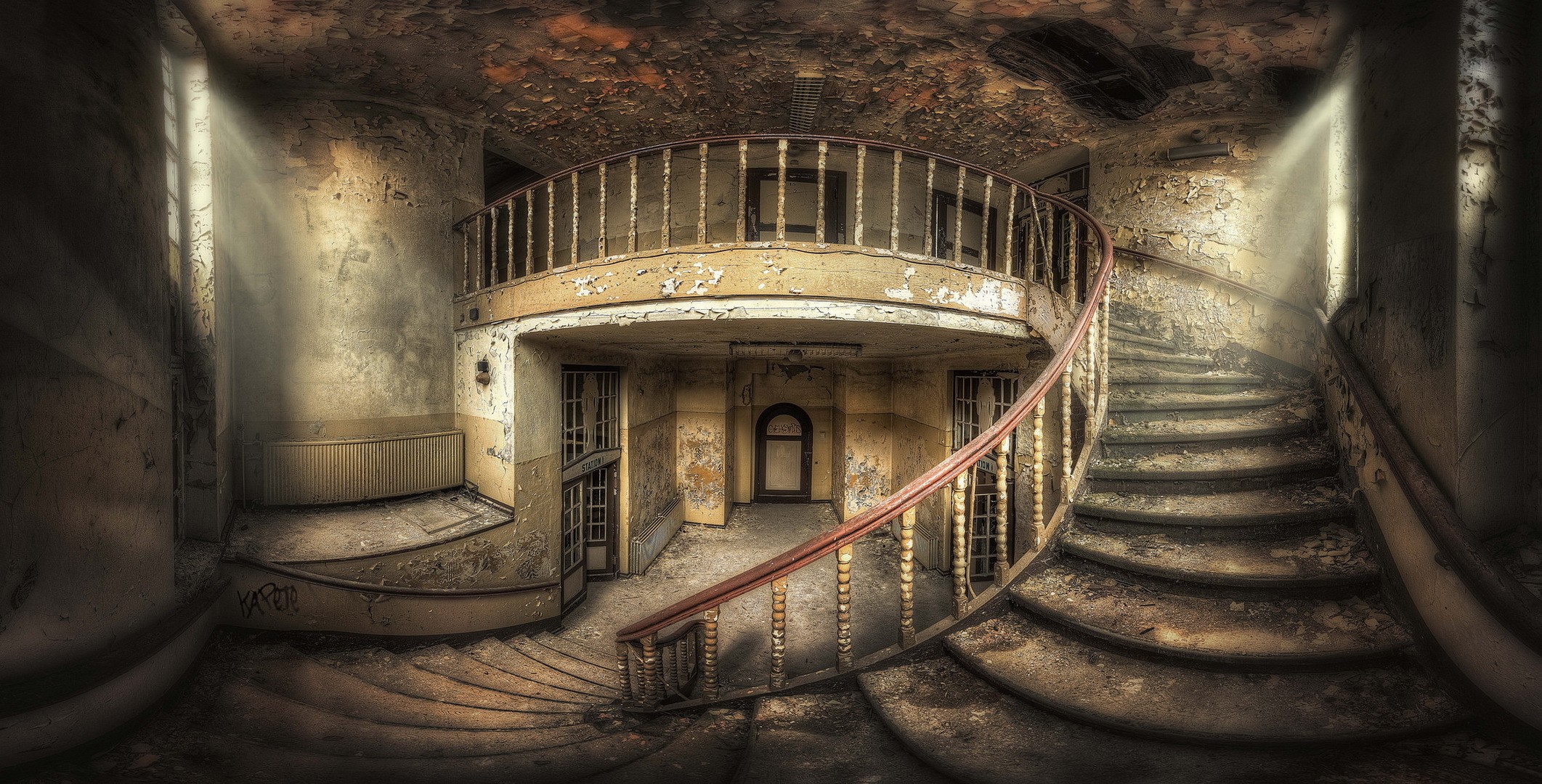 Architecture Interior Staircase Stairs Handrail Door Abandoned Sunlight HDR Fisheye Lens 2123x1080
