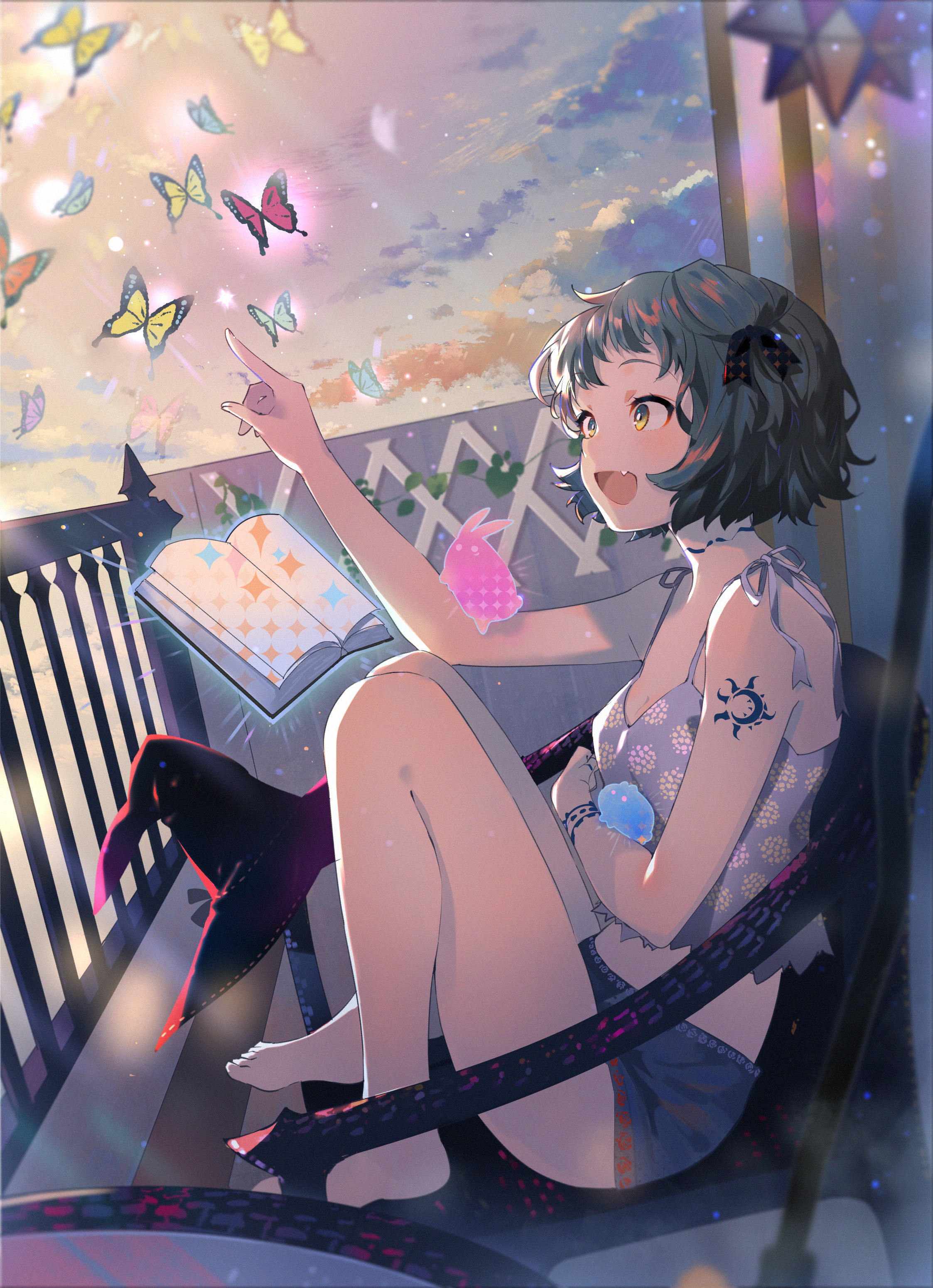Anime Girls Anime Butterflies Open Mouth Dark Hair Sitting Magic Barefoot Arutera 2246x3100