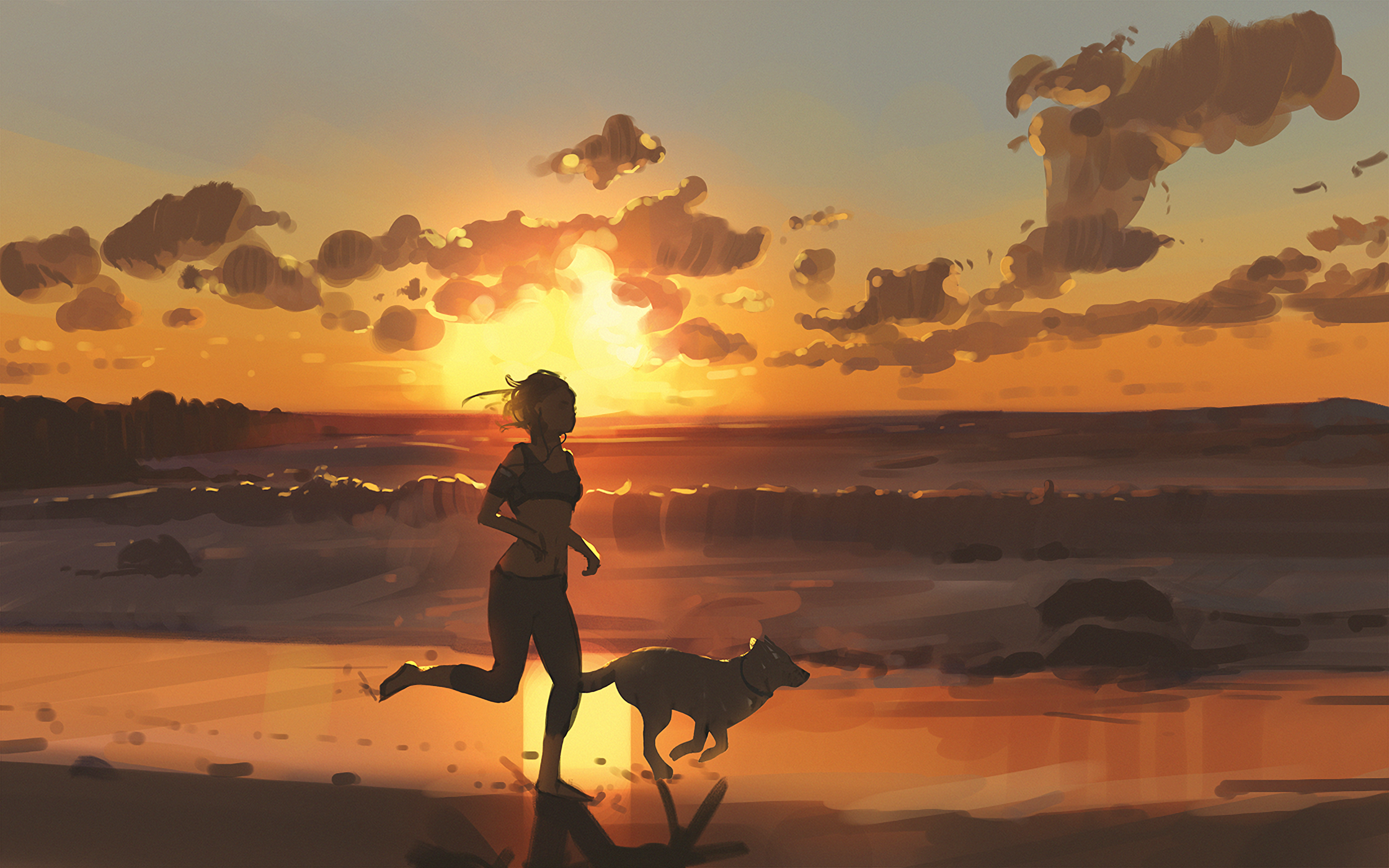 Illustration Artwork Digital Art Women Sunset Dog Beach Running Jogging 2240x1400