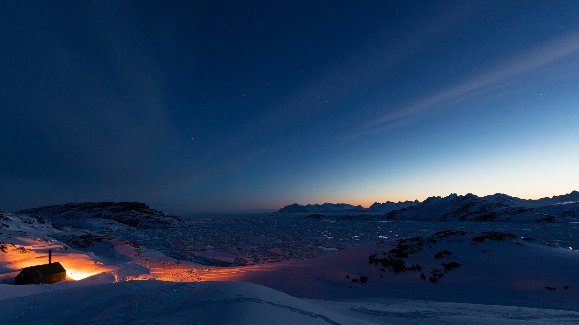 Mountains Snow Ice Sunset Greenland Nature Lights Dark Sky Night 1920x1080
