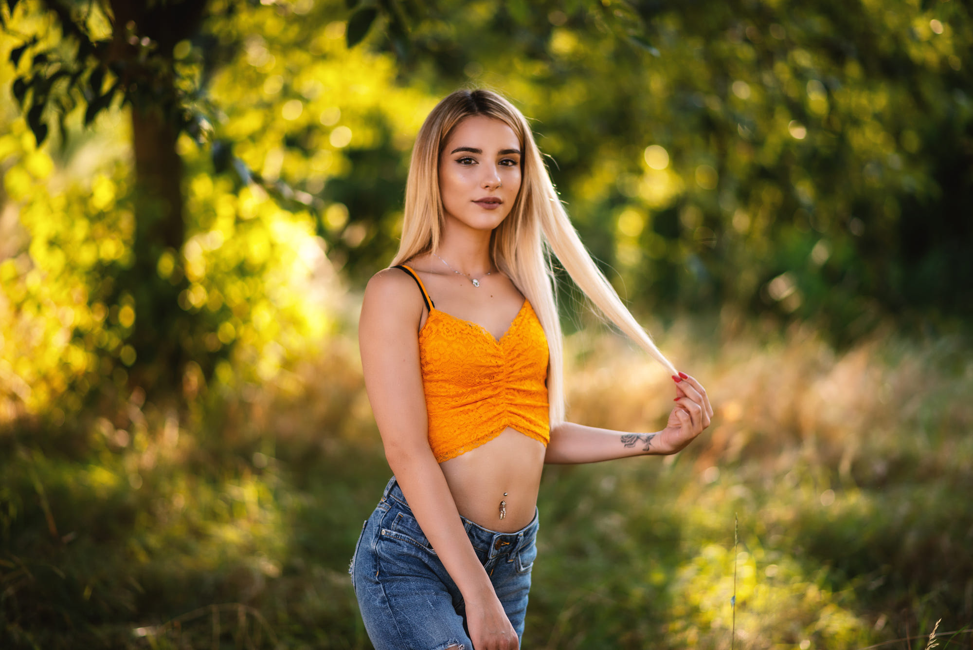 Women Portrait Model Blonde Brown Eyes Red Lipstick Looking At Viewer Orange Tops Jeans Denim Tattoo 2000x1335