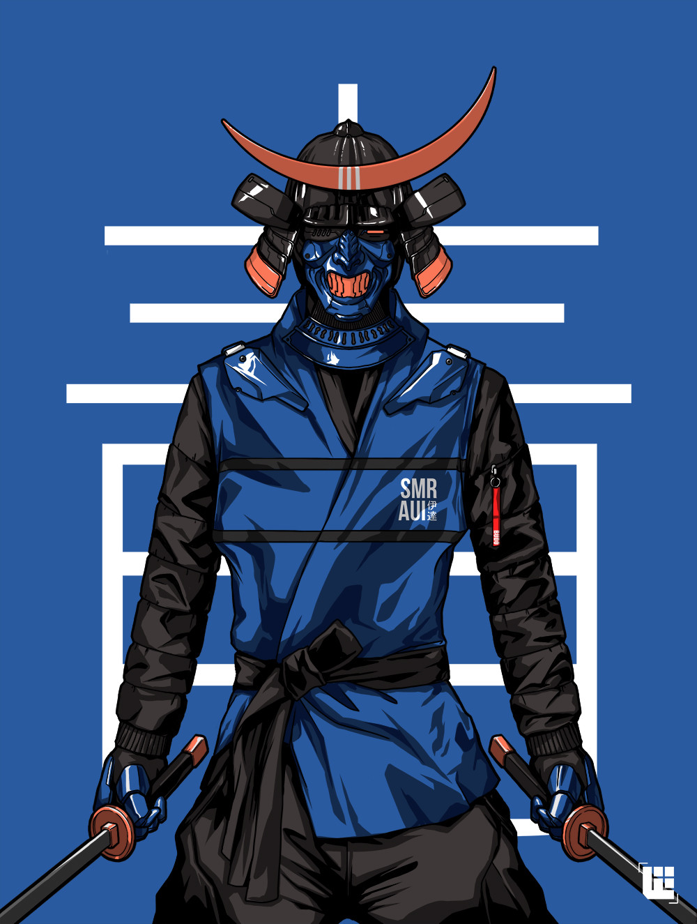 Bryan Lie Men Samurai Blue Background Masked Sword 1000x1325