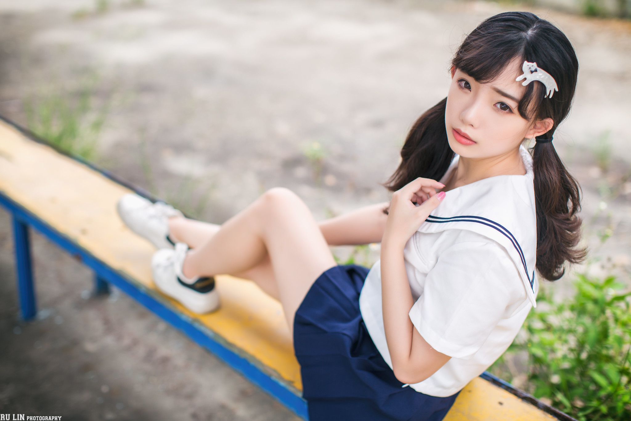 Ning Shioulin Women Asian Model Brunette Long Hair Pigtails Cosplay Schoolgirl Sailor Uniform School 2048x1365