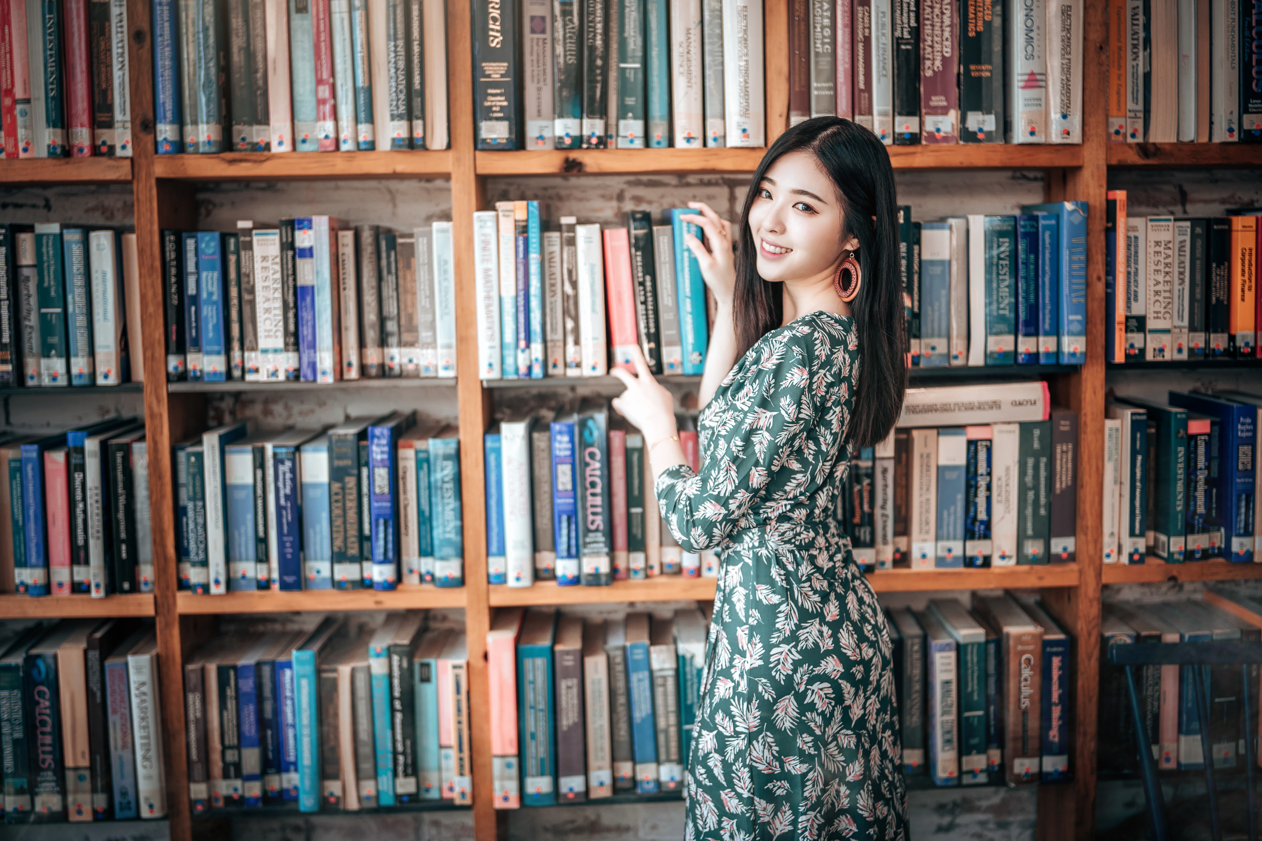 Asian Women Model Brunette Portrait Looking At Viewer Smiling Dress Library Books Depth Of Field Ind 2560x1707