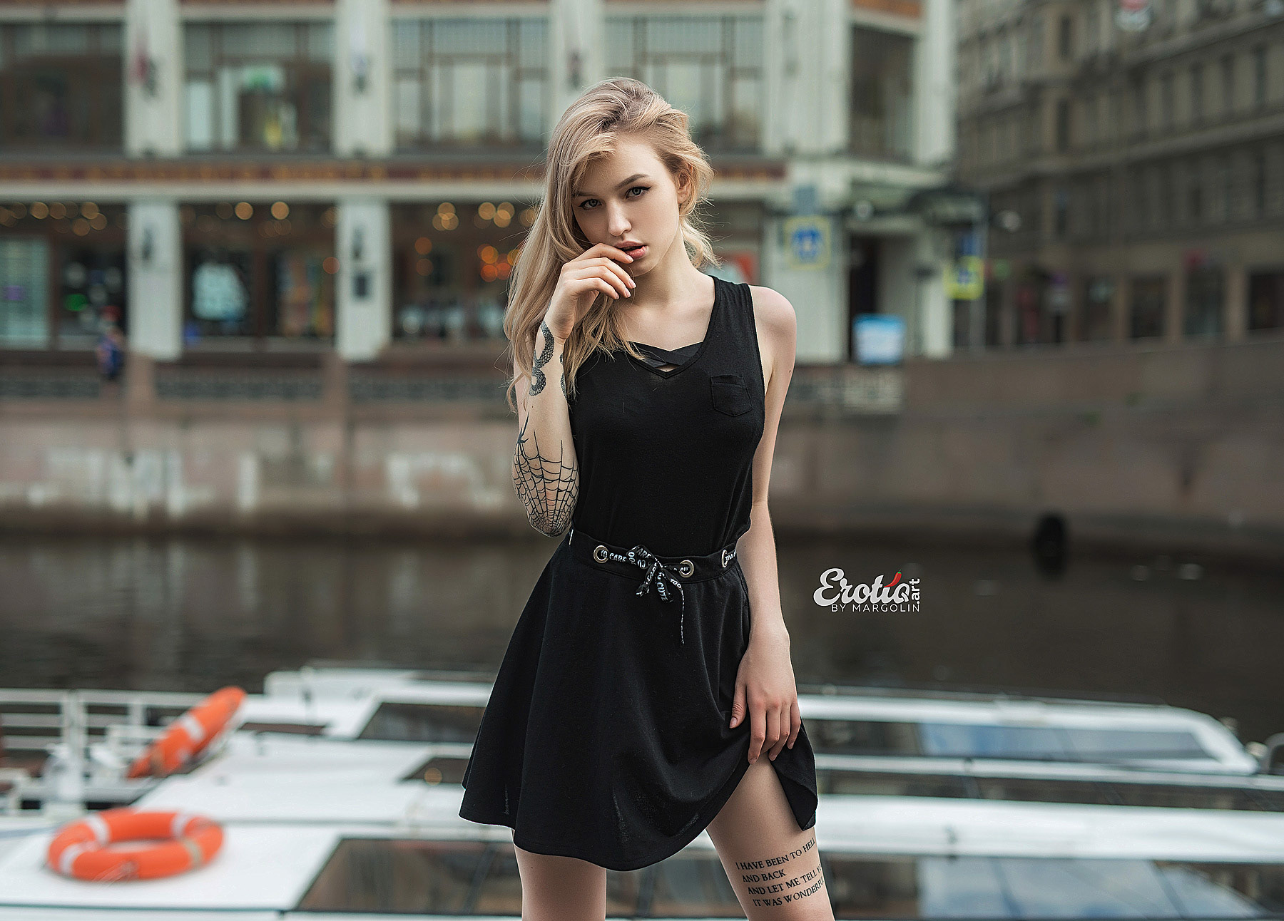 Women Blonde Portrait Tattoo Black Dress Finger On Lips Women Outdoors Bare Shoulders Aleksandr Marg 1800x1292