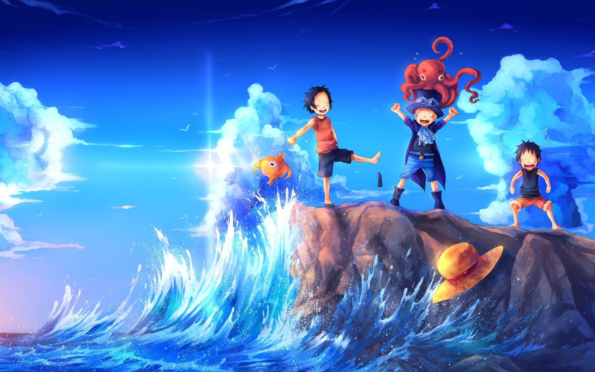 Bộ ba nhân vật của Anime One Piece, Luffy, Portgas D Ace và Sabo đang chờ đón bạn trong bức hình nền vô cùng đáng yêu này. Hãy xem ngay để trải nghiệm!