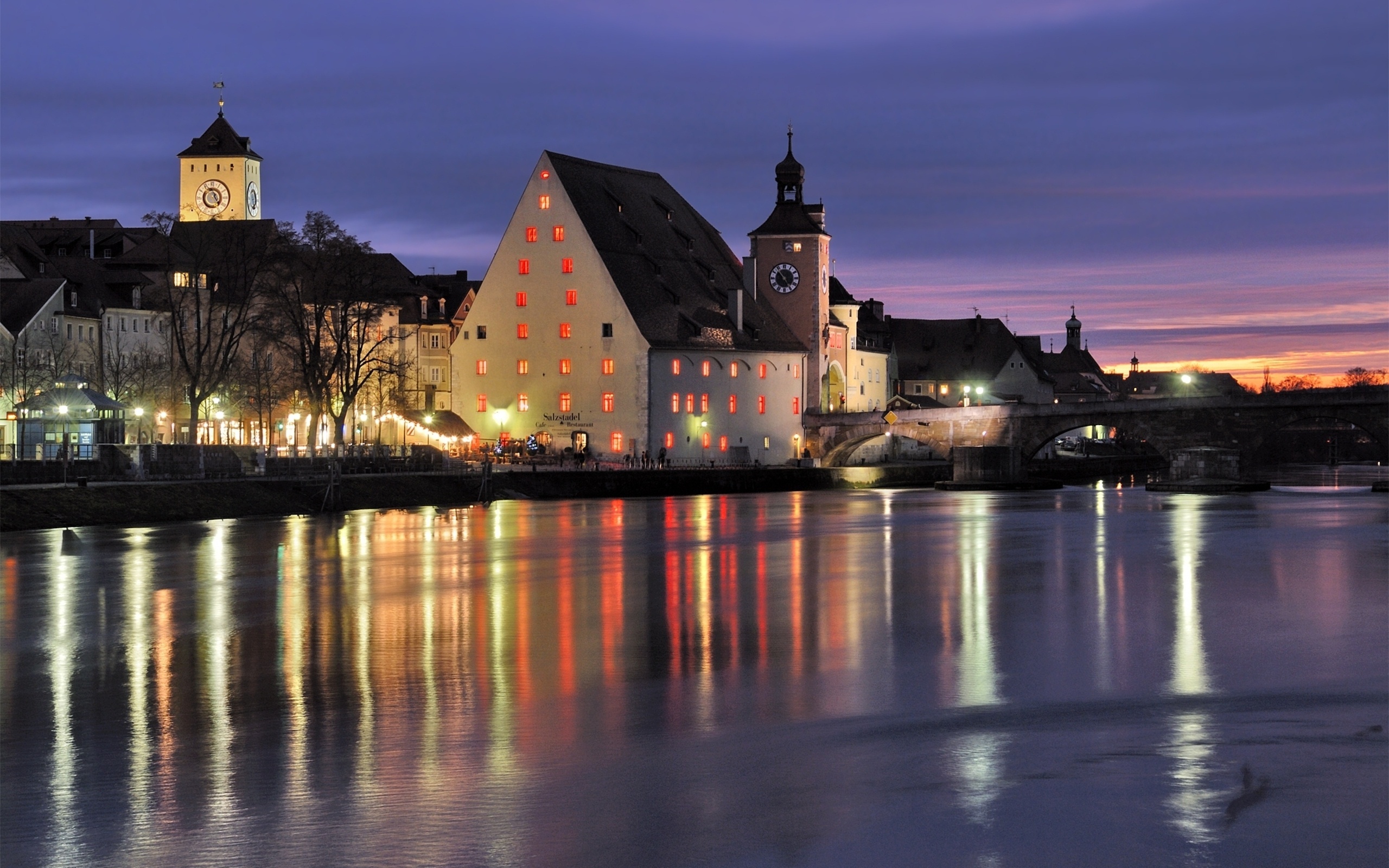Germany Bavaria River Reflection Lights Evening Regensburg 2560x1600