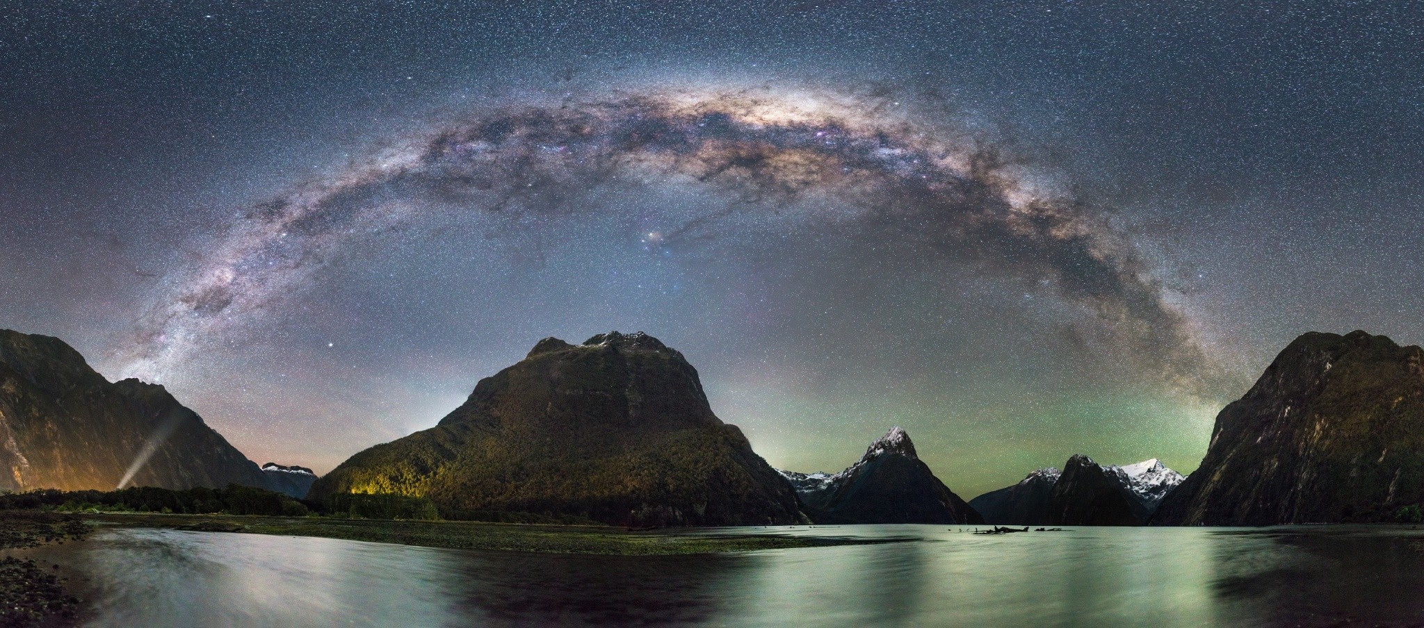Nature Landscape Panoramas Mountains Milky Way Galaxy Starry Night Snowy Peak Fjord Milford Sound Ne 2048x904