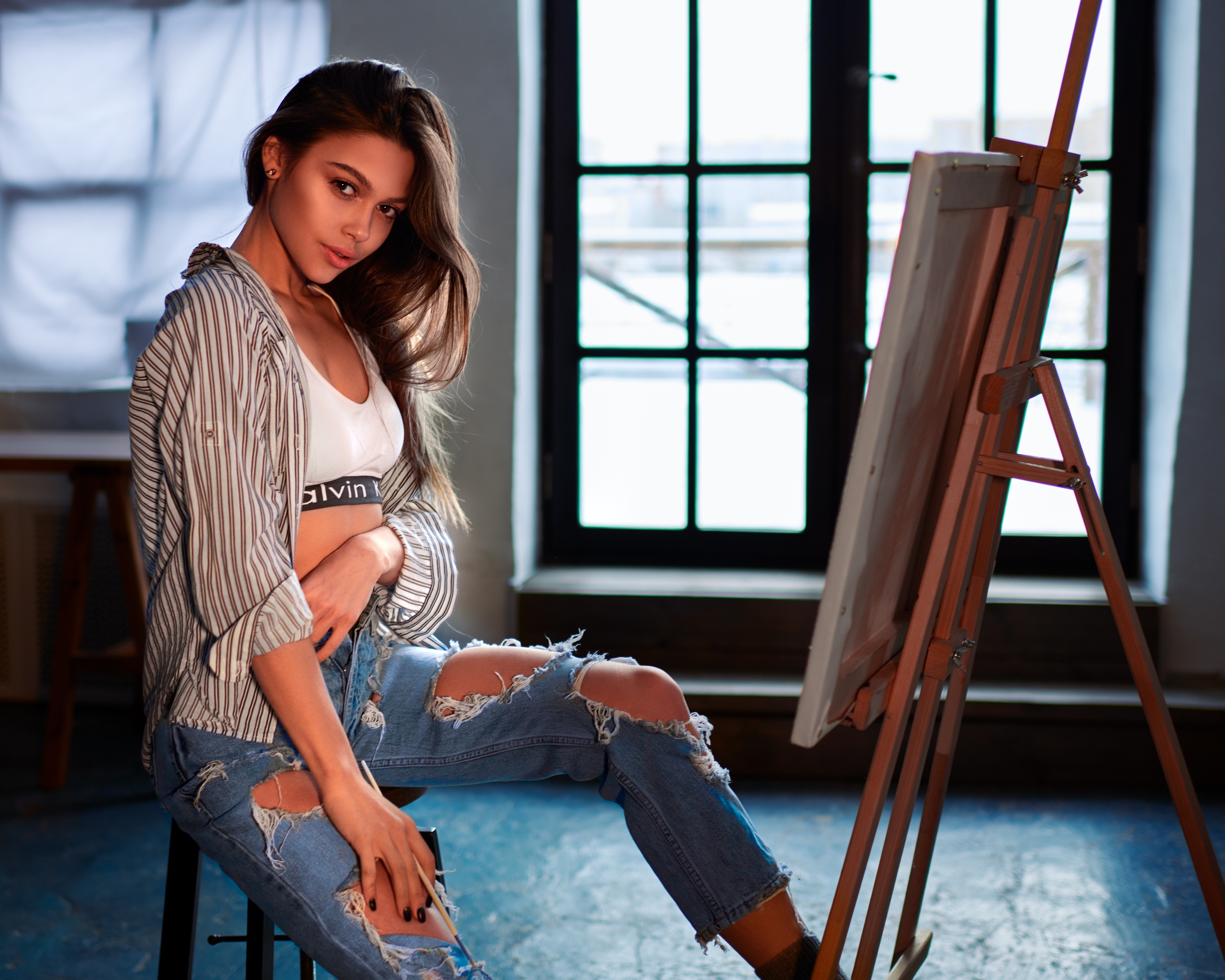 Sergey Olshevsky Women Model Torn Jeans Women Indoors Anastasia Lukina Ripped Clothes 2560x2048