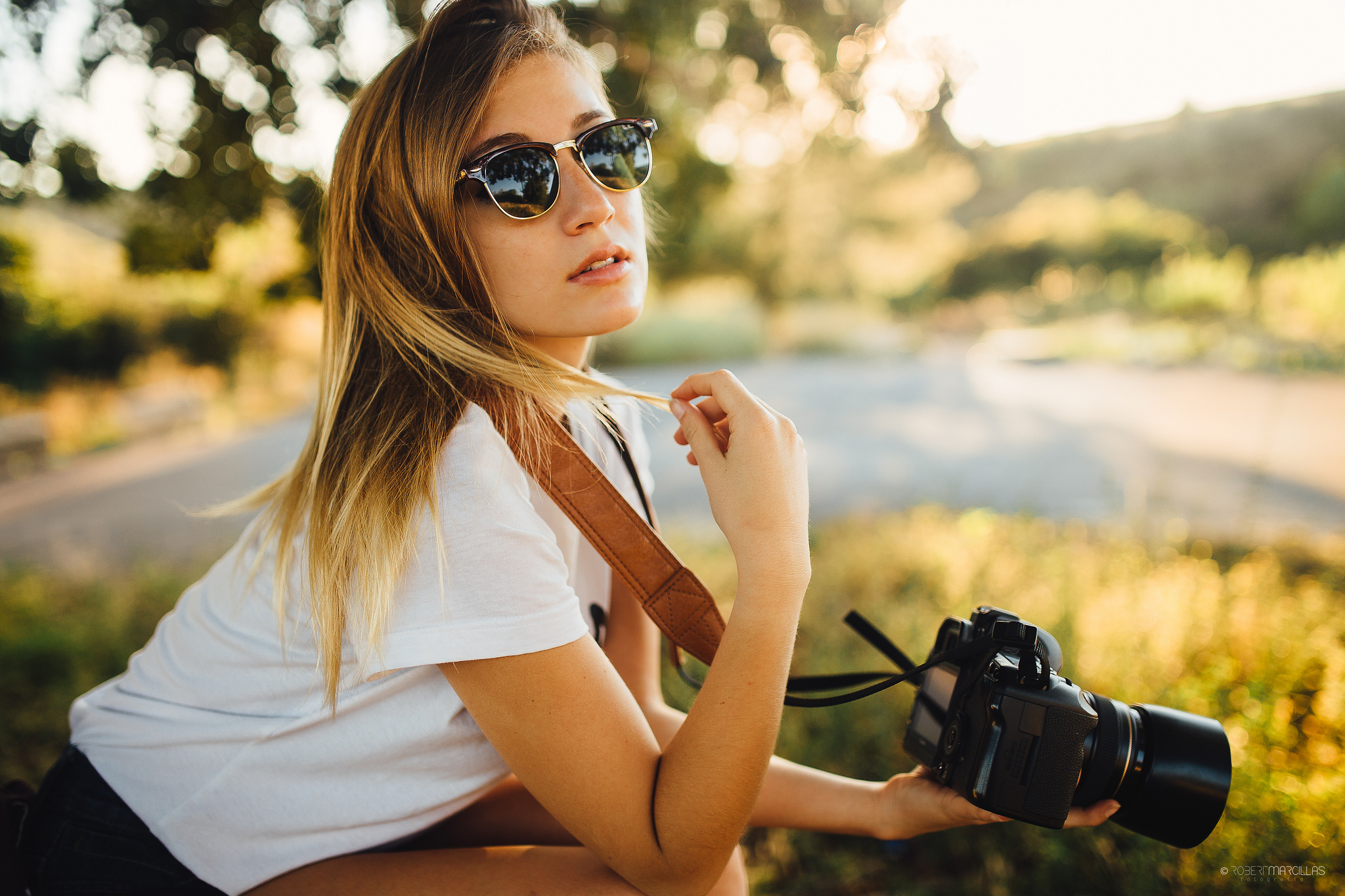 Women Model Blonde Women Outdoors Camera Sitting T Shirt Touching Hair Sunglasses Robert Marcillas R 2048x1365