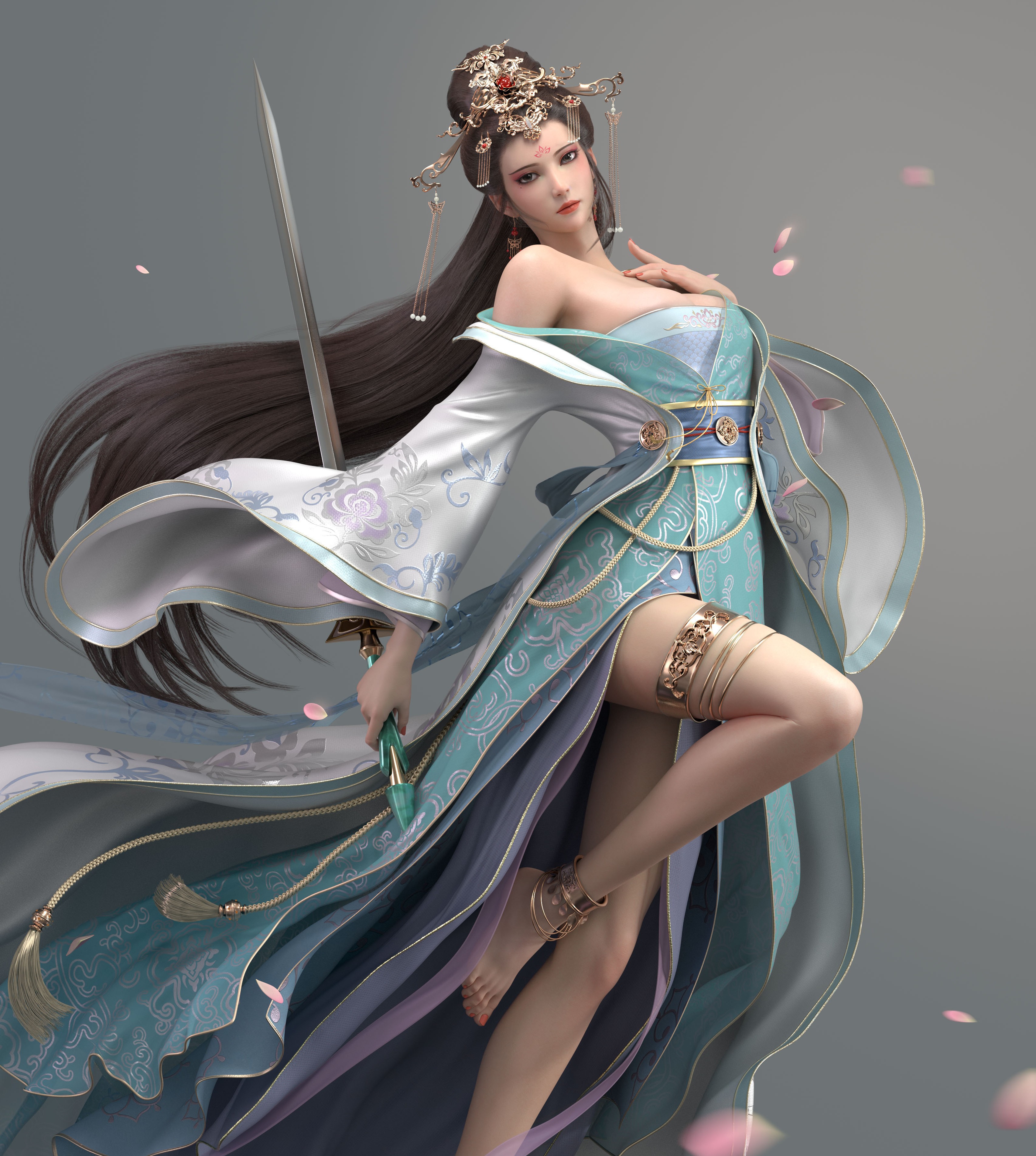 CGi Women Long Hair Petals Hair Accessories Weapon Sword Dress Loose Clothing Chinese Dress 3411x3807