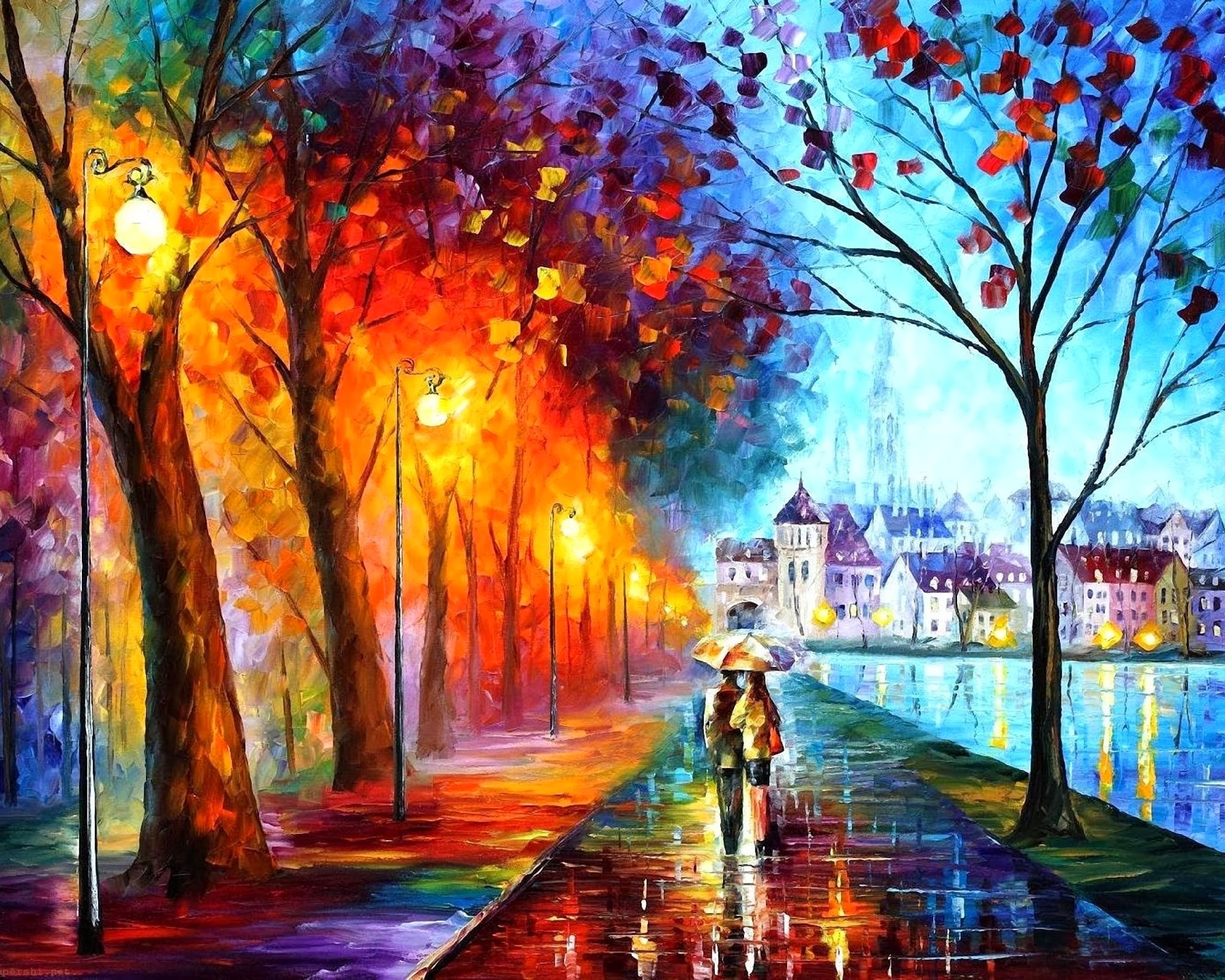 Painting Street Light Couple Fall Umbrella Artwork Path Leonid Afremov 2048x1638