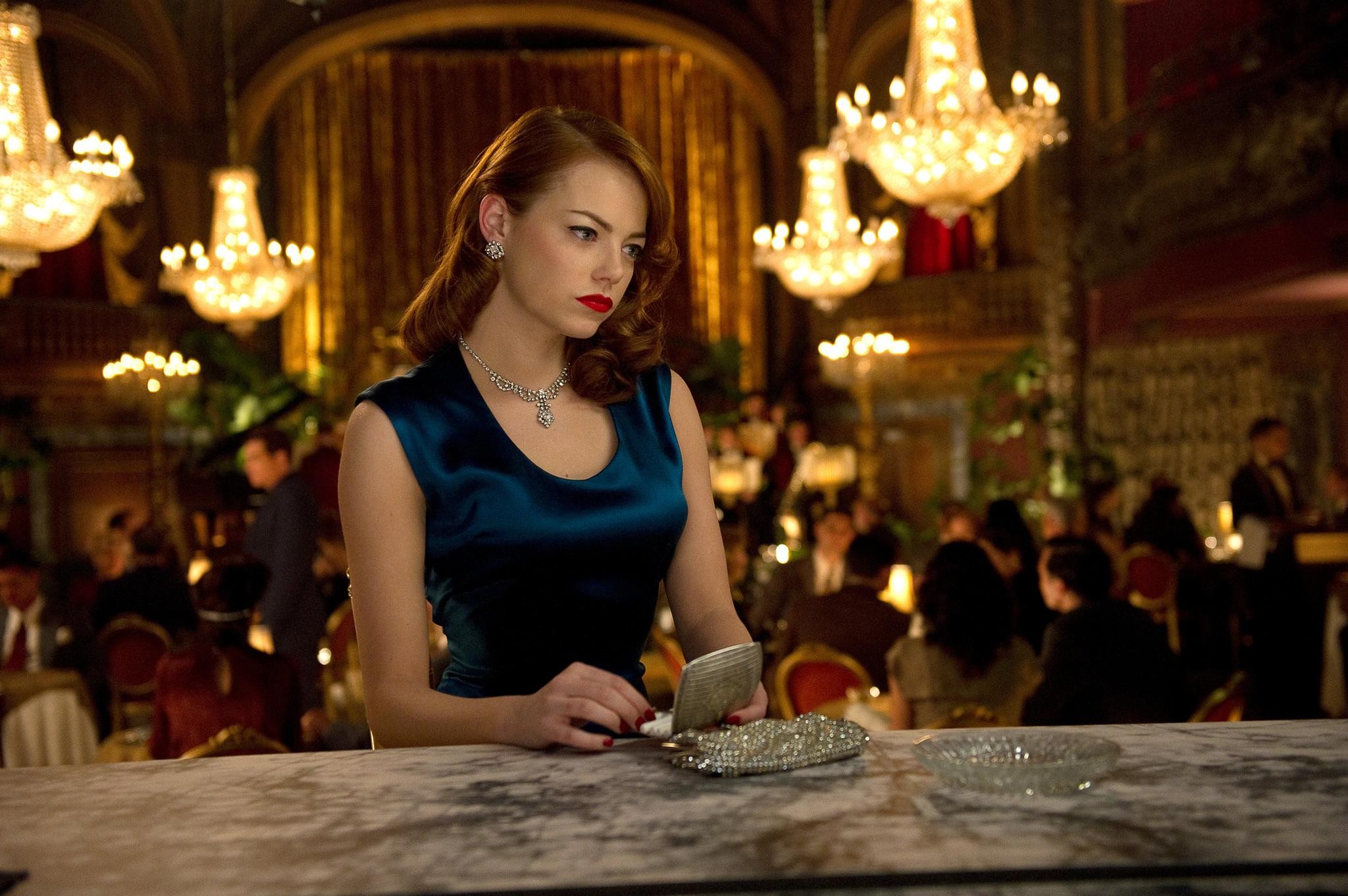 Women Gangster Squad Actress Necklace Movies Emma Stone Redhead Classy Movie Scenes Dress Blue Dress 2048x1362