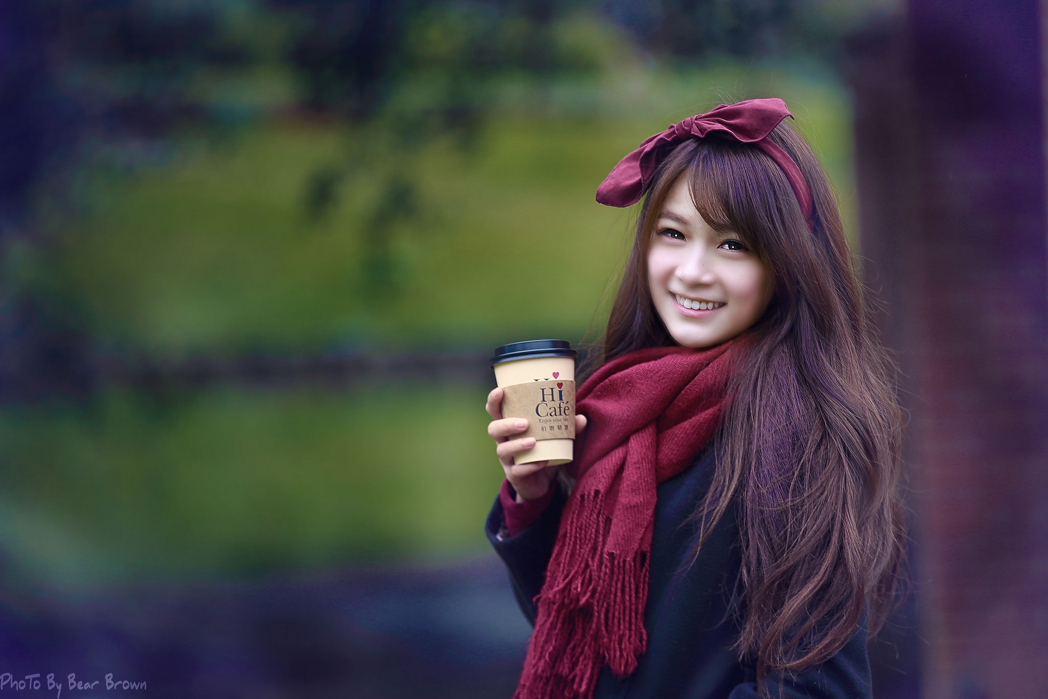 Brunette Long Hair Brown Eyes Smiling Scarf Knot Hair Band 2048x1365
