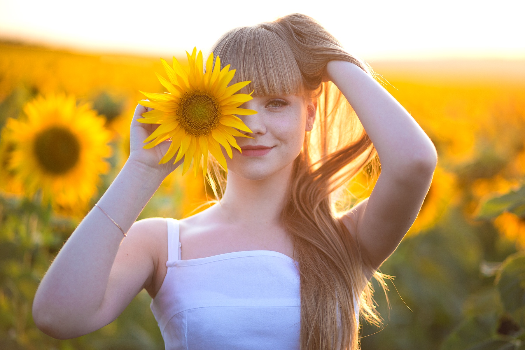 Women Model Blonde Long Hair Looking At Viewer Red Lipstick Hand On Head Sunflowers Depth Of Field P 1800x1200