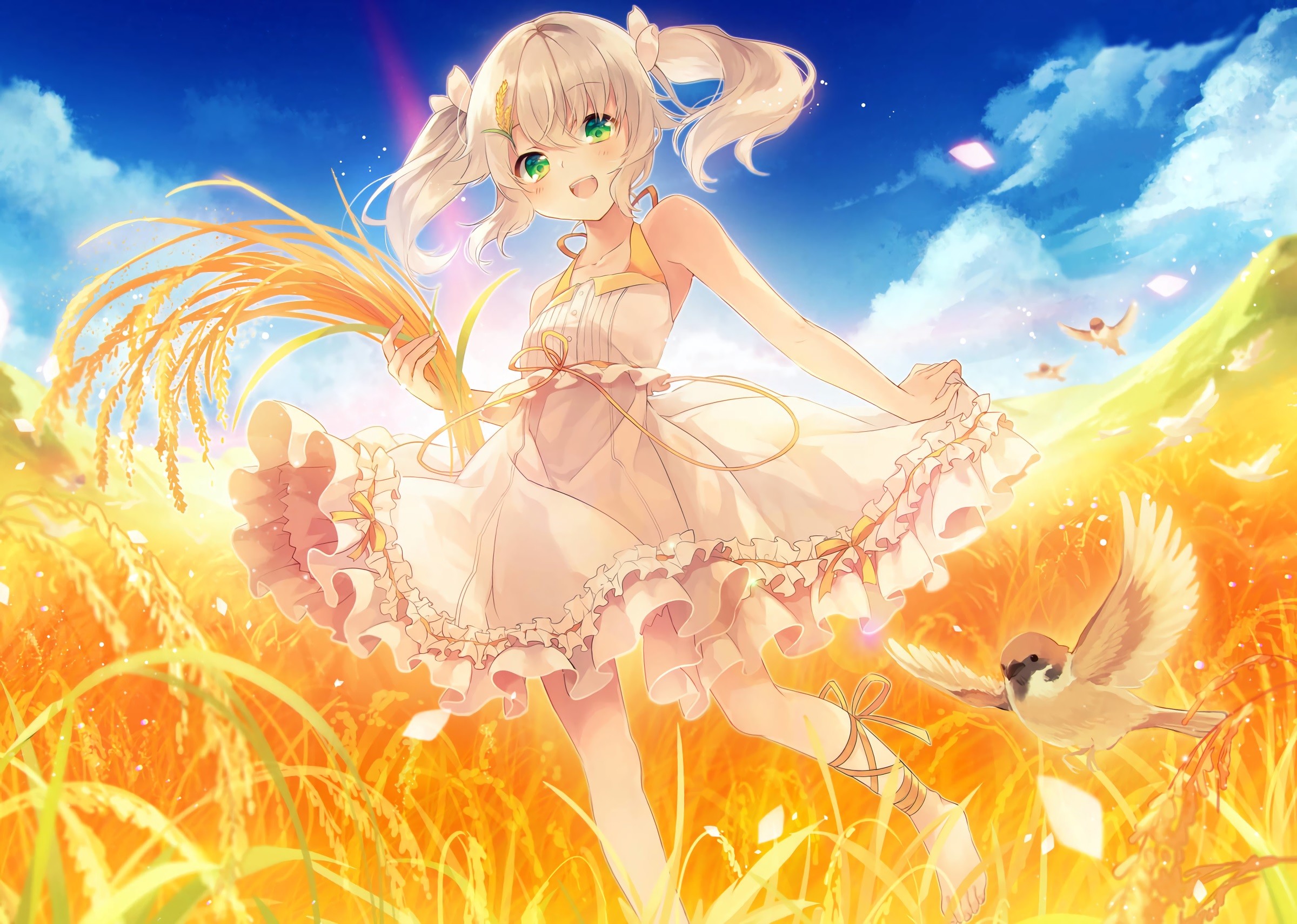 Anime Anime Girls Dress White Dress Barefoot Birds Wheat Sky Green Eyes Smiling Short Hair White Hai 2400x1710