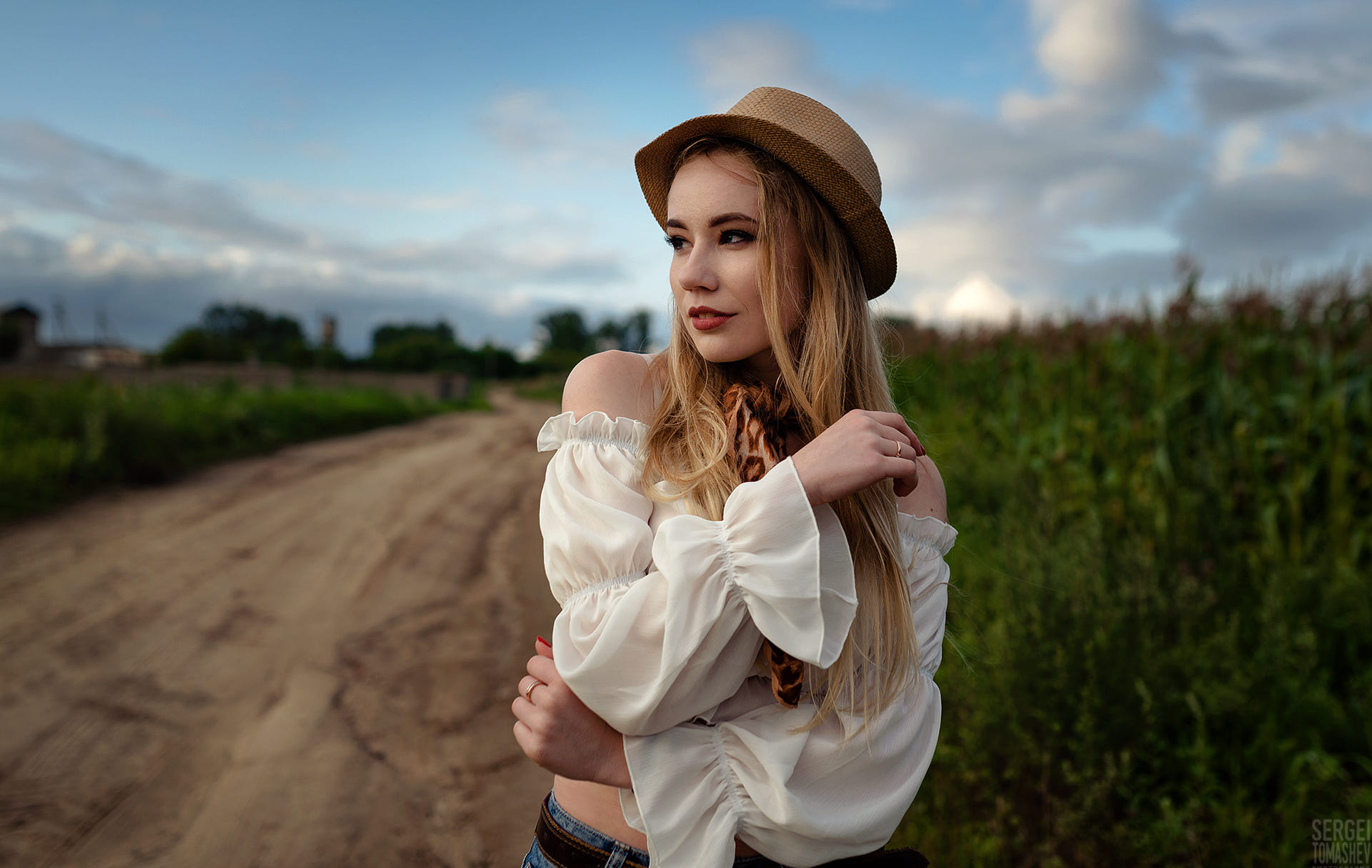 Women Sergei Tomashev Blonde Hat Brown Eyes White Shirt Depth Of Field Open Mouth 1920x1215