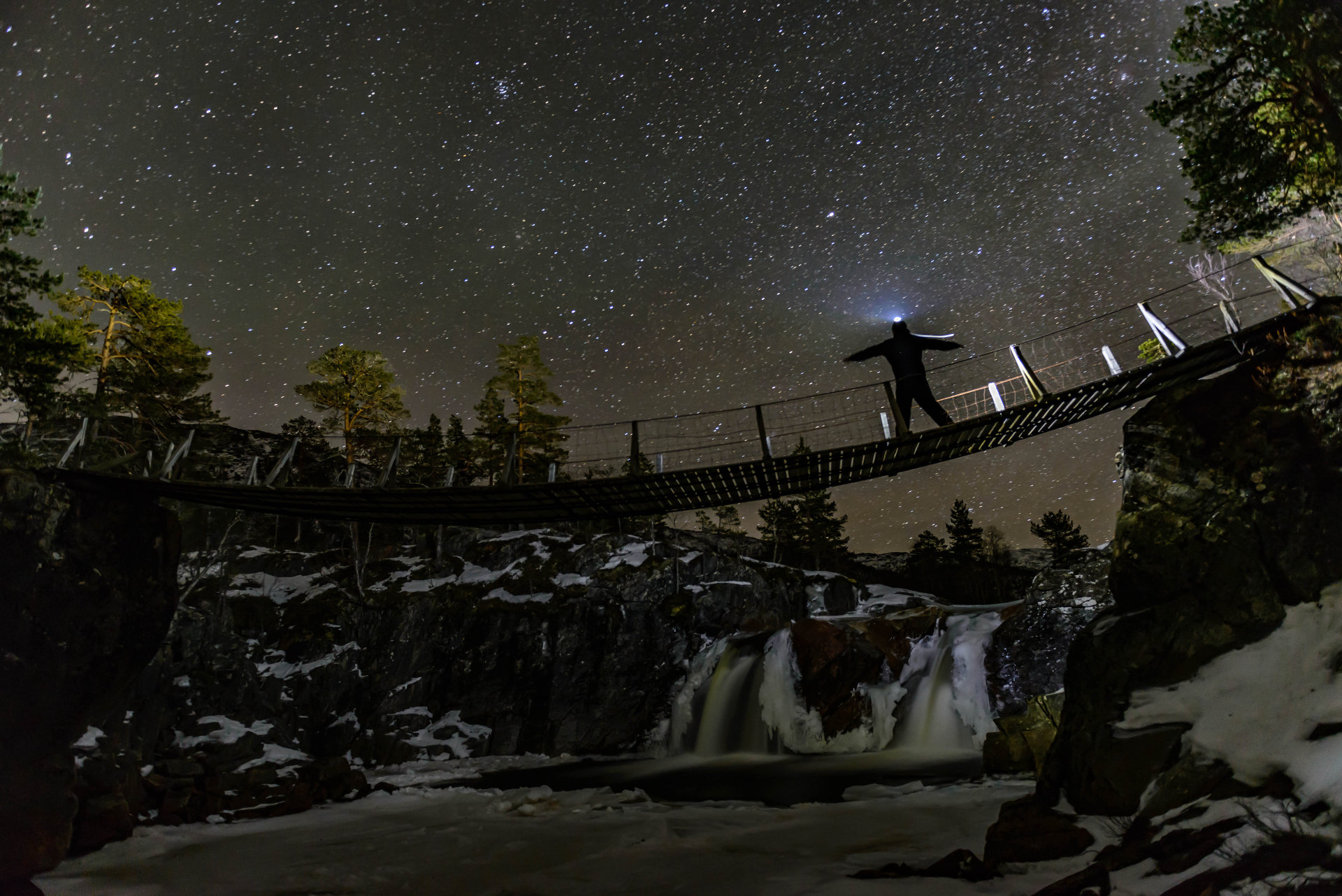 Nature Landscape Long Exposure Night Trees Suspension Bridge Stars Men Winter Snow Waterfall Rock No 1920x1282