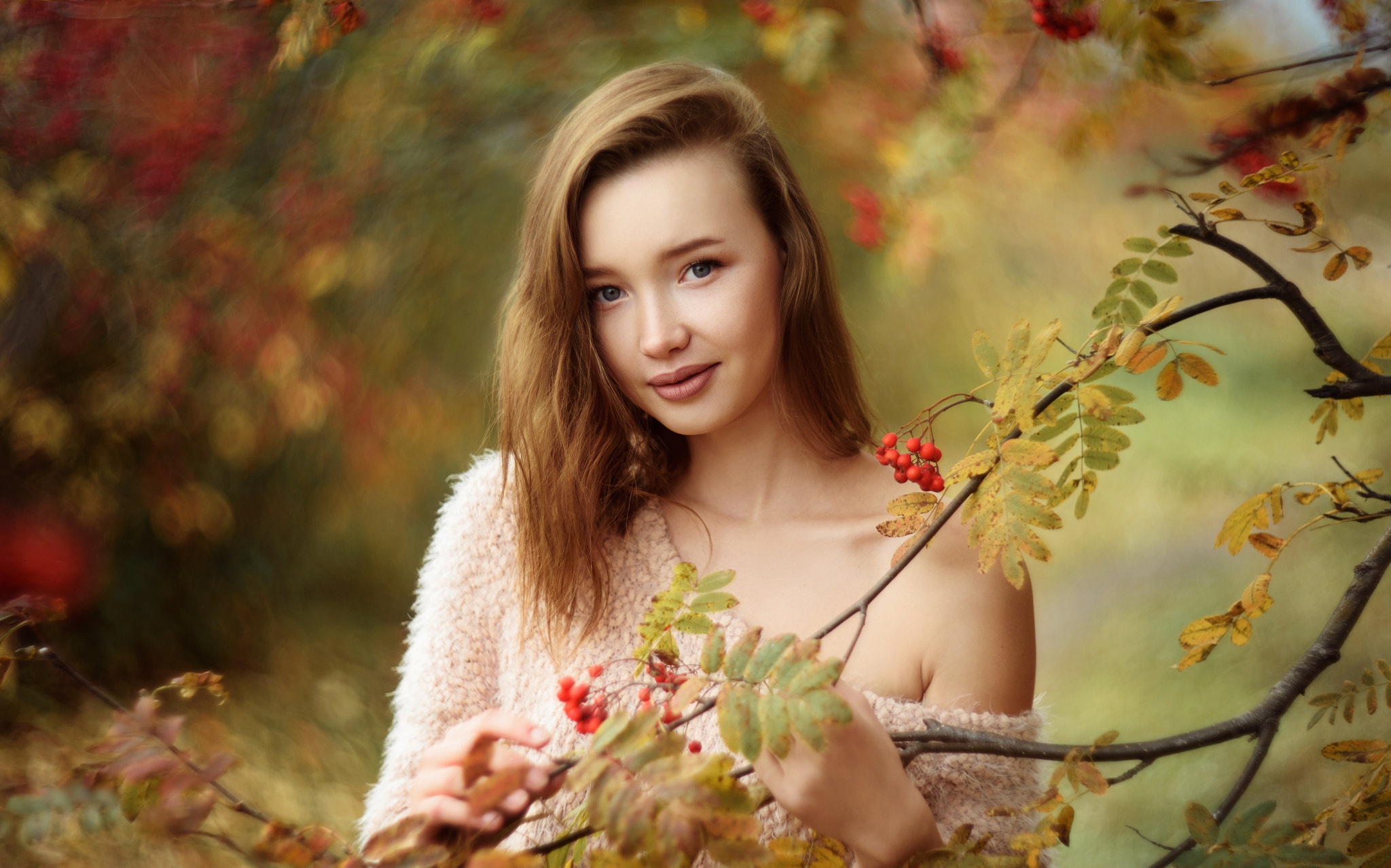 Women Outdoors Women Model Portrait Blonde Vladislav Opletaev Bare Shoulders Fall Smiling 2048x1279