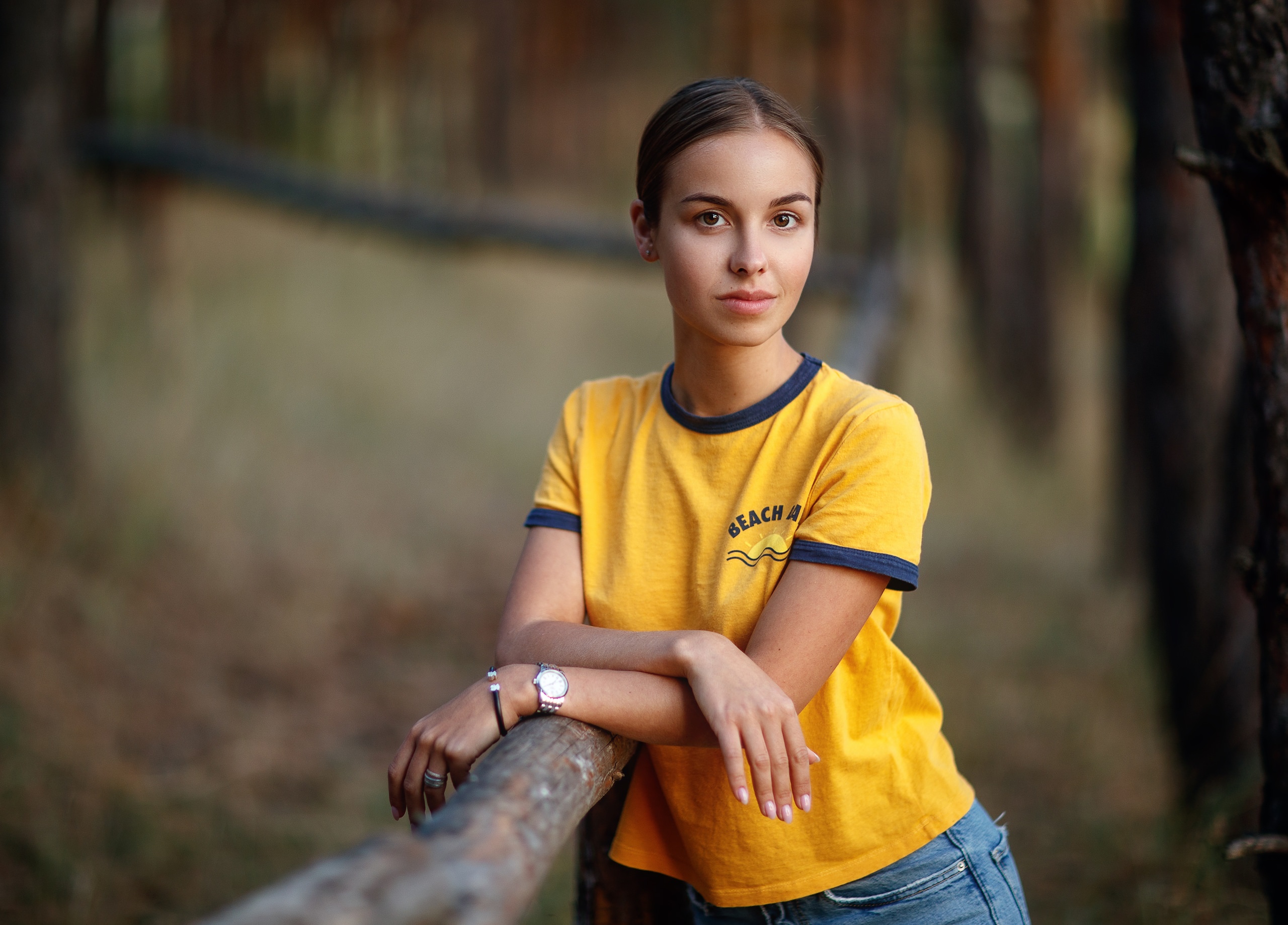 Women Yellow T Shirt Jeans Portrait Forest Watch Brunette Women Outdoors Trees 2560x1839