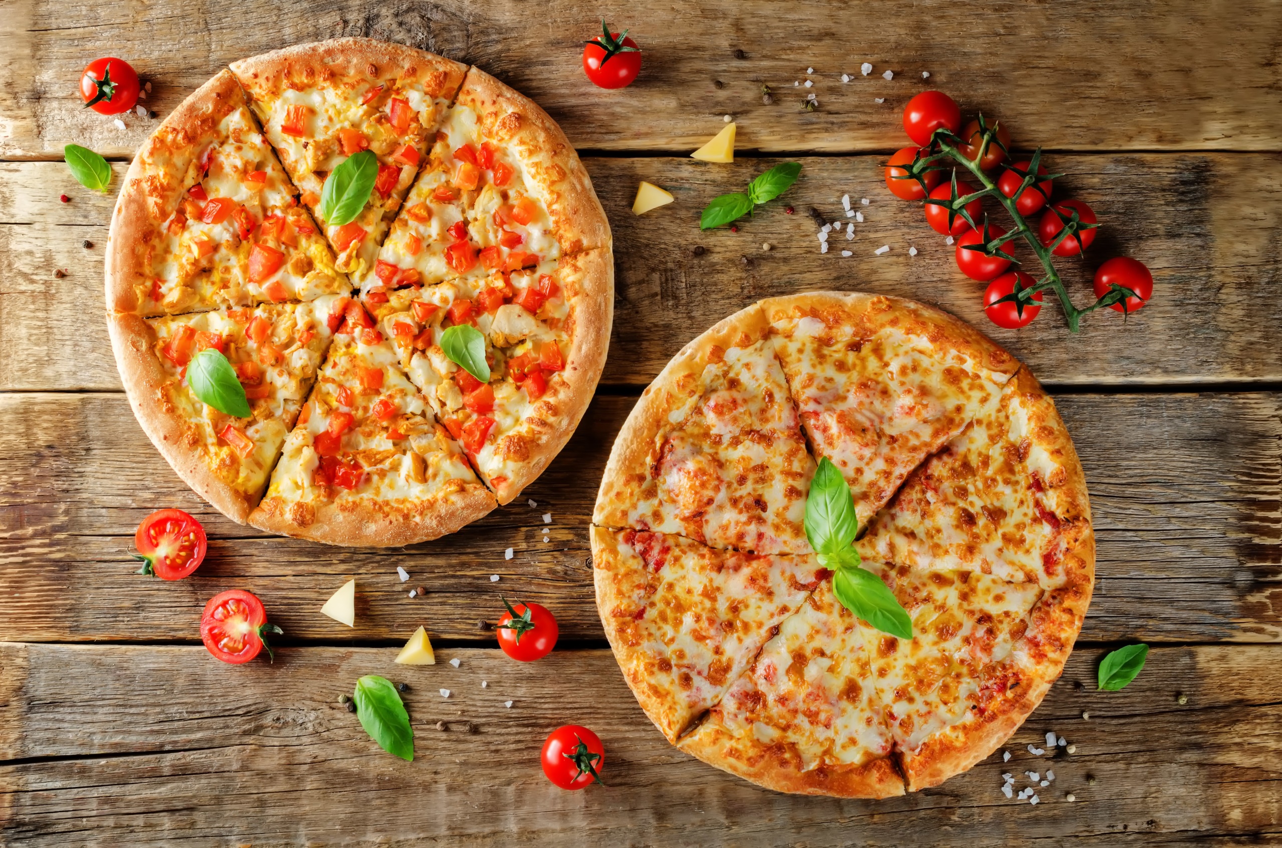Food Tomatoes Pizza Wooden Surface Basil Cheese 2560x1695