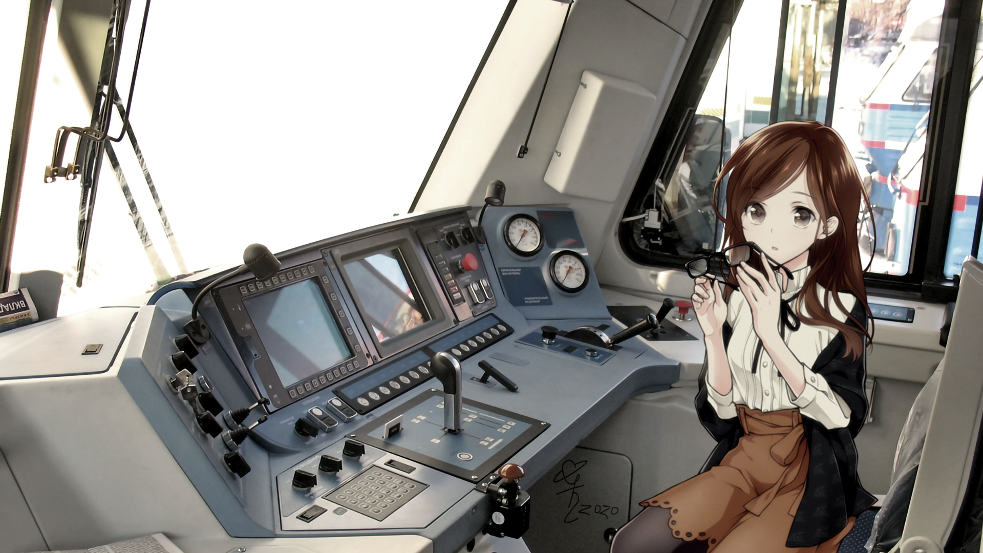 Anime Anime Girls Train Driver Glasses Railway 1920x1080