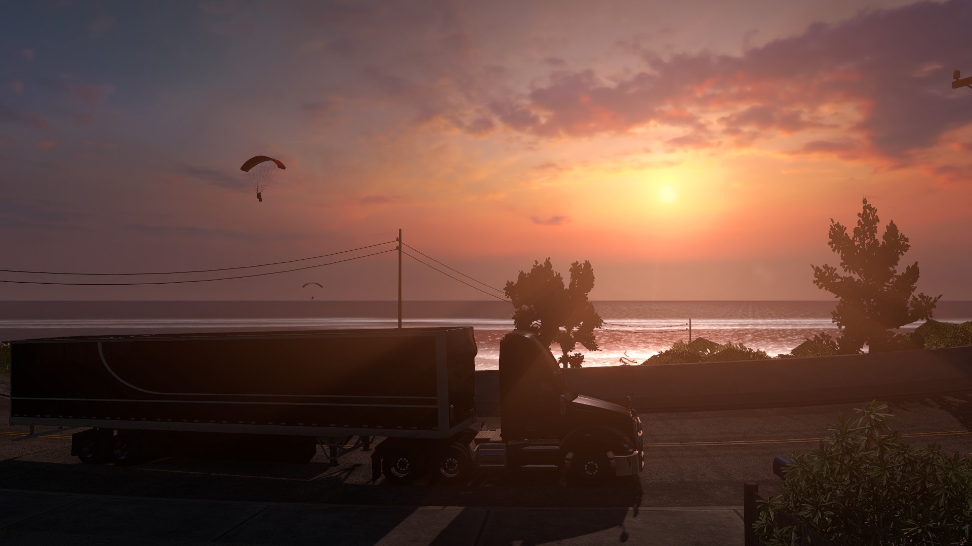 American Truck Simulator Side View Sunset Parachutes Trees Clouds Sea 1920x1080