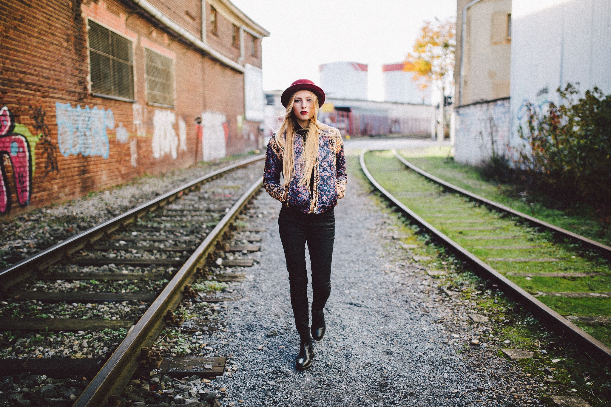 Women Blonde Hat Red Lipstick Walking Railway Looking At Viewer Women Outdoors Hands In Pockets Wome 2048x1365